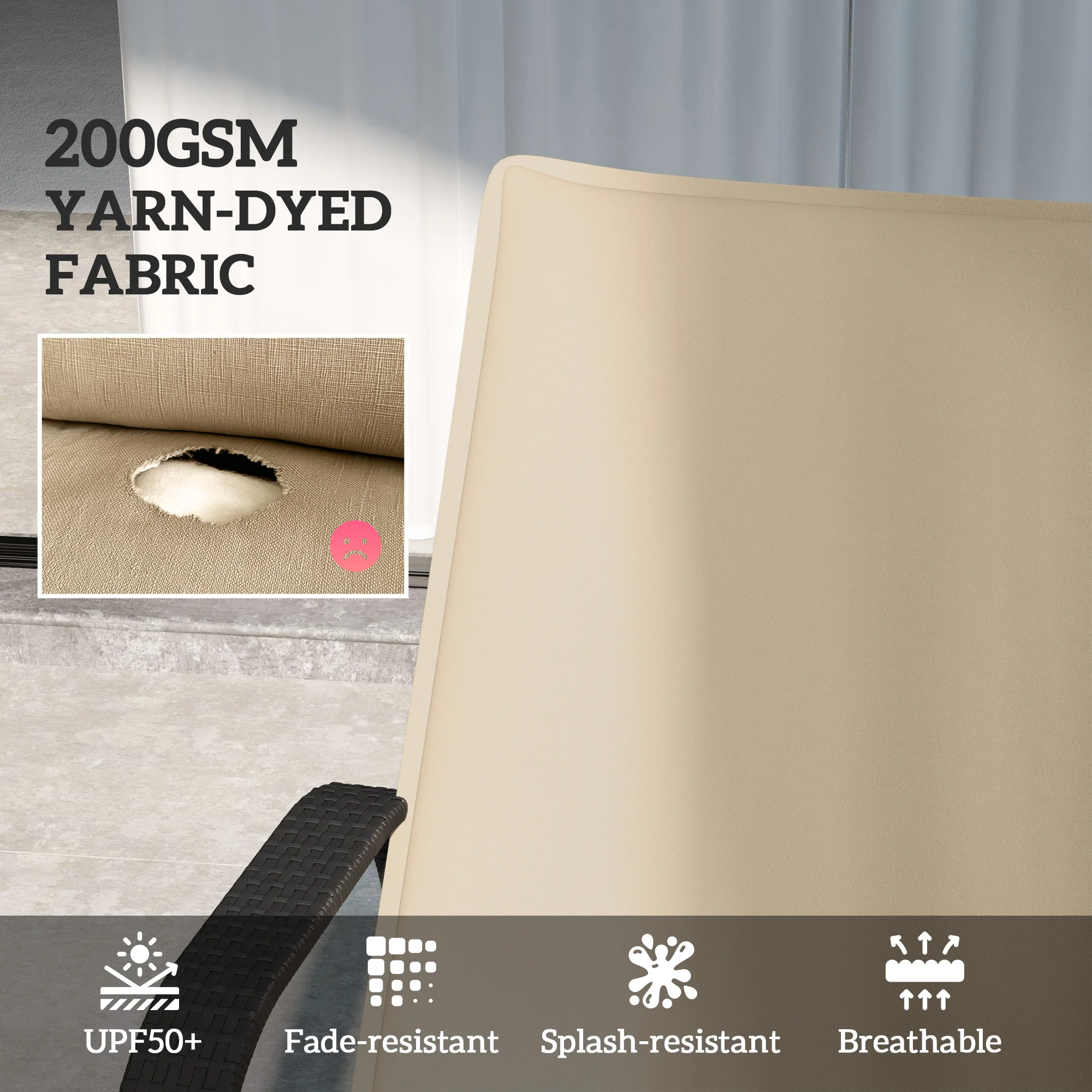 2-Piece Outdoor Lounge Chair Cushions, 76" x 23", Beige - Image 6