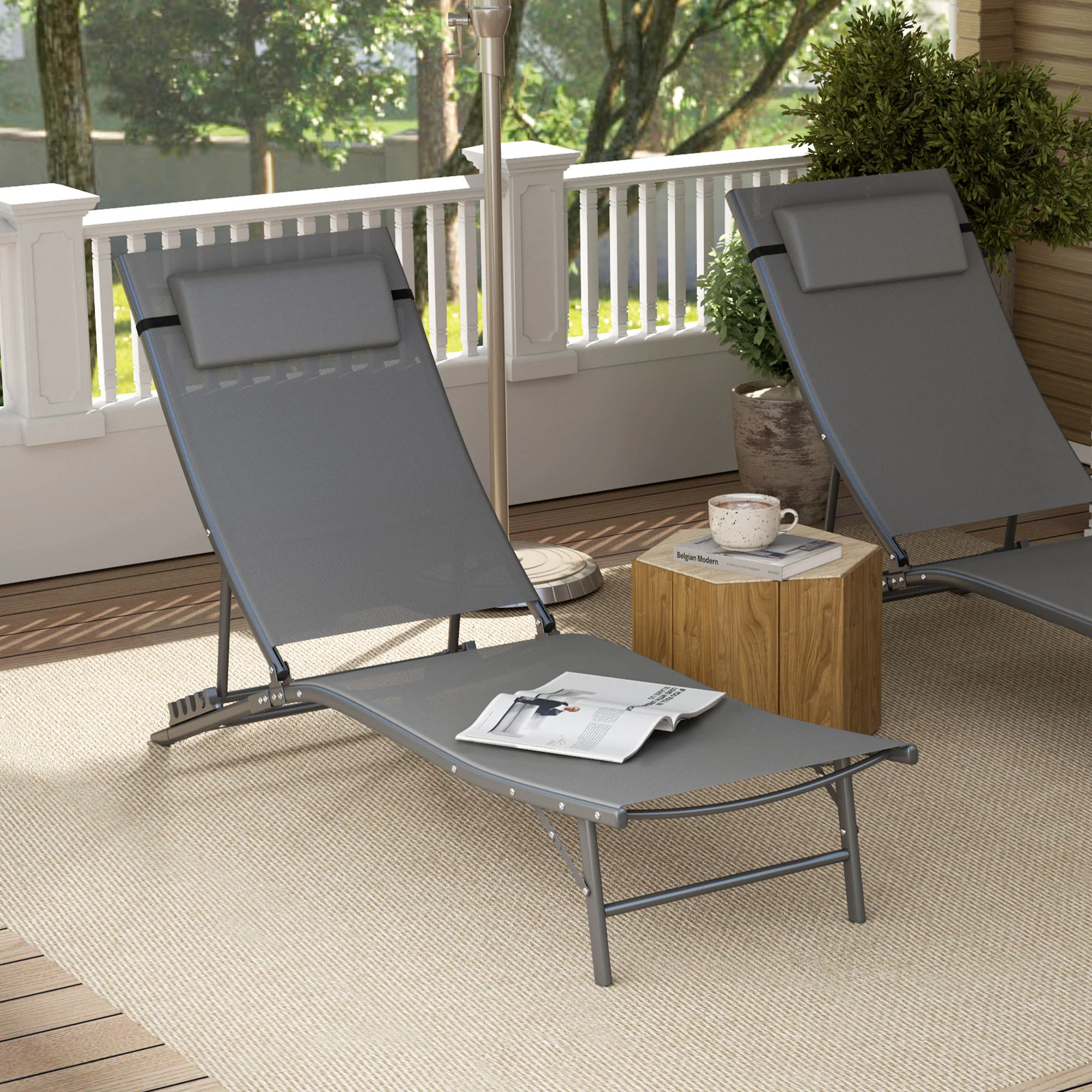 Folding Outdoor Chaise Lounge Chair Set of 2 with Adjustable Backrest & Headrest, Grey - Image 11