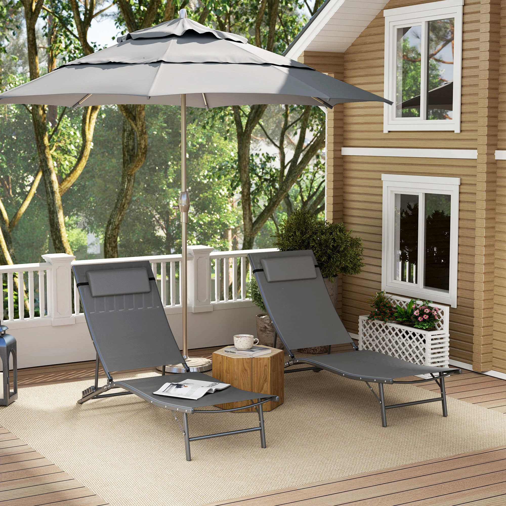 Folding Outdoor Chaise Lounge Chair Set of 2 with Adjustable Backrest & Headrest, Grey - Image 4