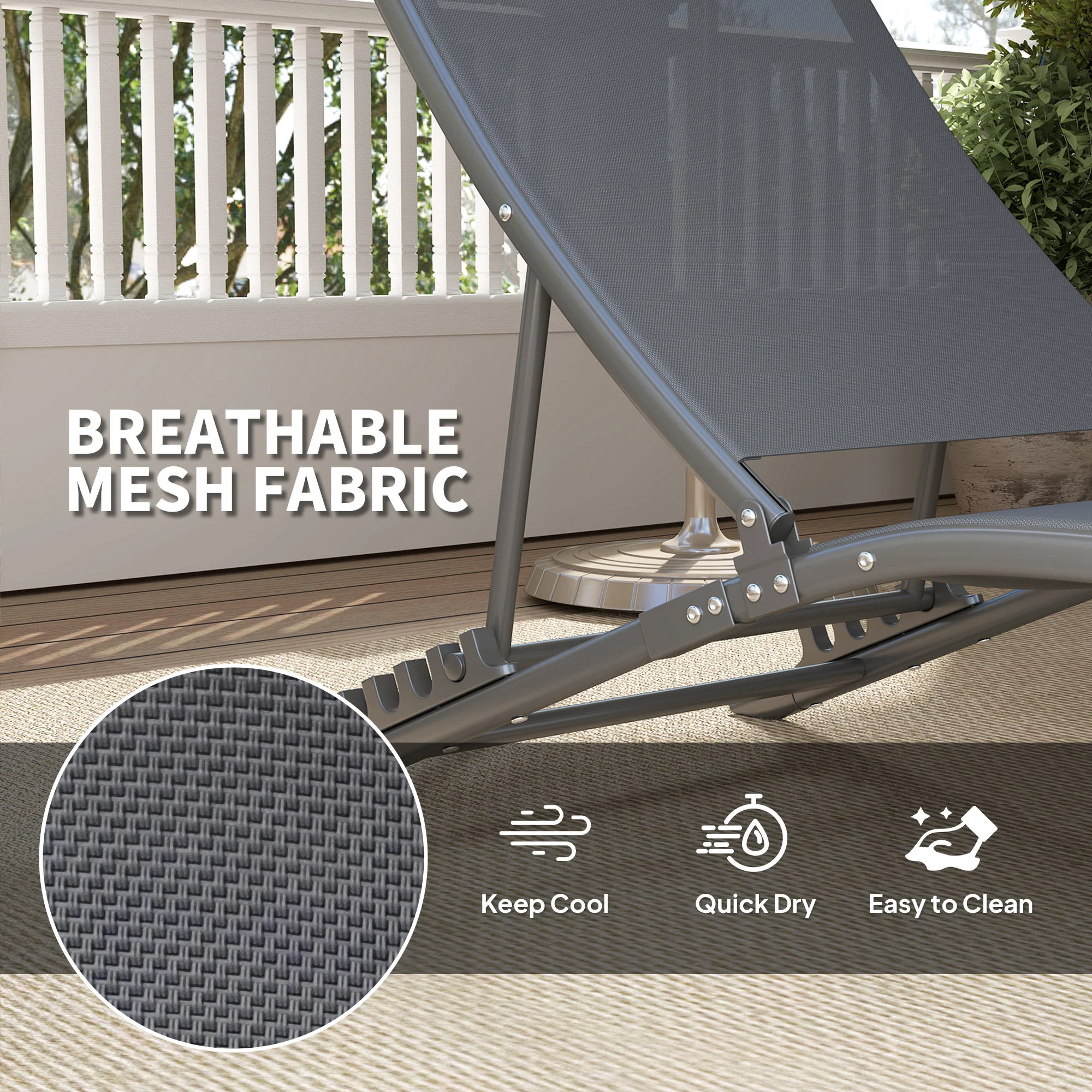 Folding Outdoor Chaise Lounge Chair Set of 2 with Adjustable Backrest & Headrest, Grey - Image 8