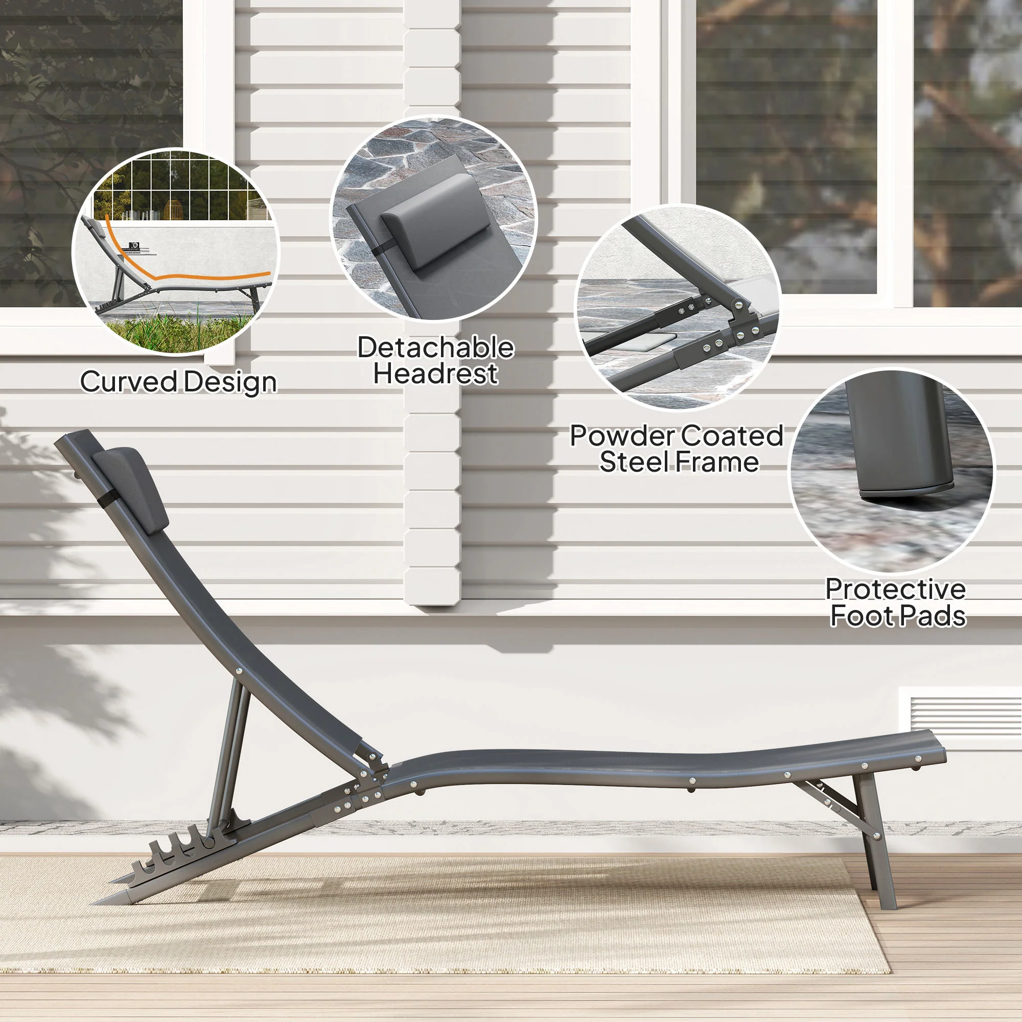 Folding Outdoor Chaise Lounge Chair Set of 2 with Adjustable Backrest & Headrest, Grey - Image 9