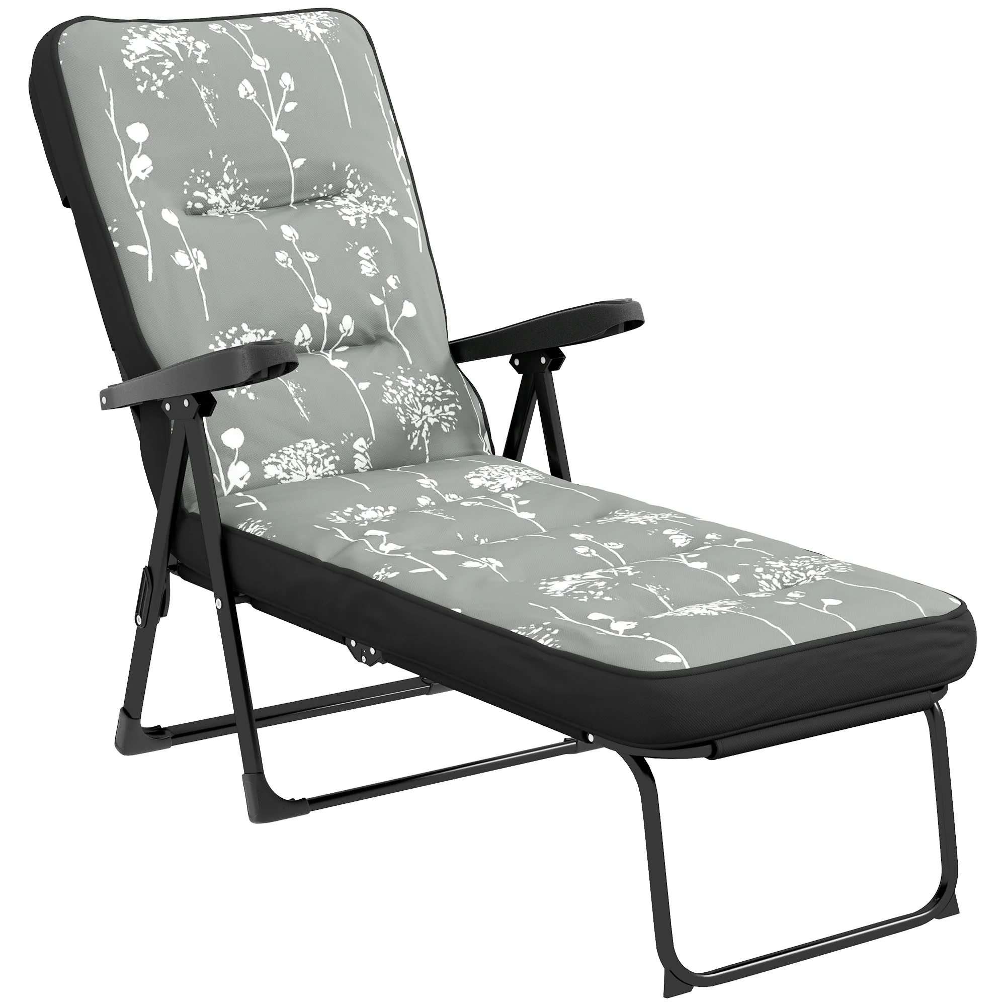 Outdoor Folding Reclining Lounge Chair with Padded Cushion Recline Back & Footrest, Grey