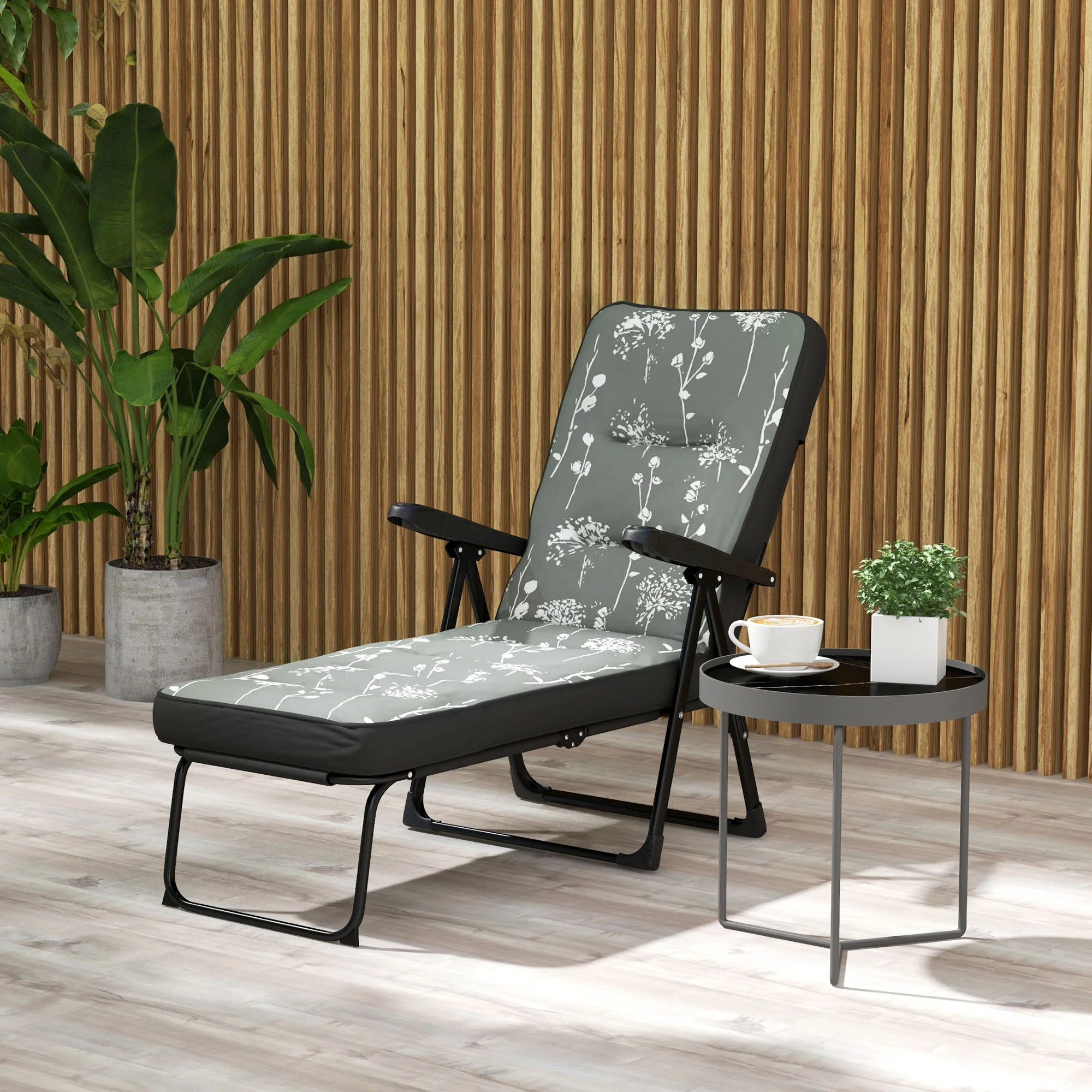 Outdoor Folding Reclining Lounge Chair with Padded Cushion Recline Back & Footrest, Grey - Image 3