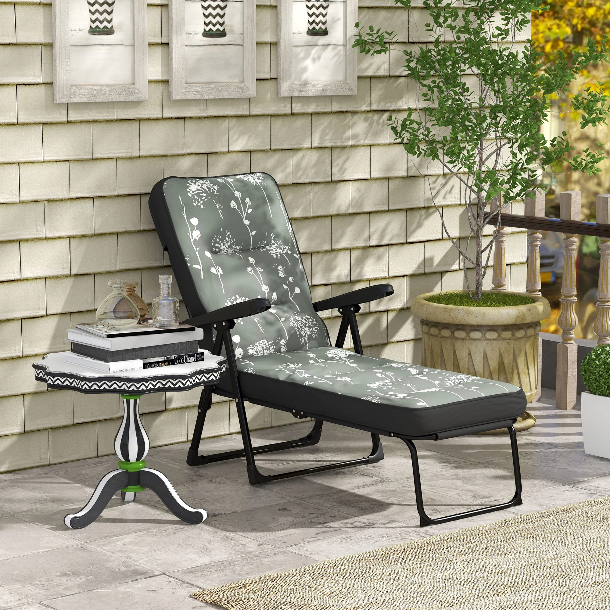 Outdoor Folding Reclining Lounge Chair with Padded Cushion Recline Back & Footrest, Grey - Image 4