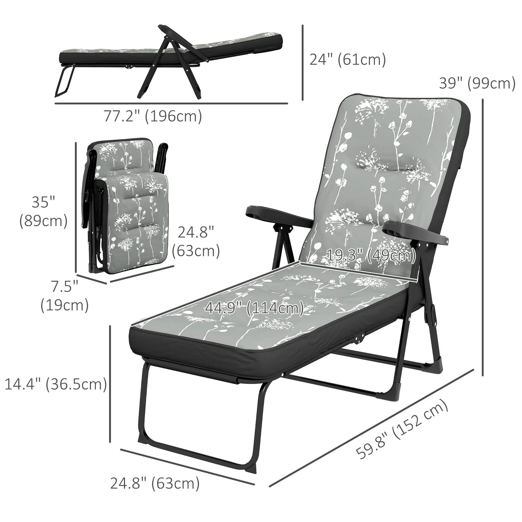 Outdoor Folding Reclining Lounge Chair with Padded Cushion Recline Back & Footrest, Grey - Image 5