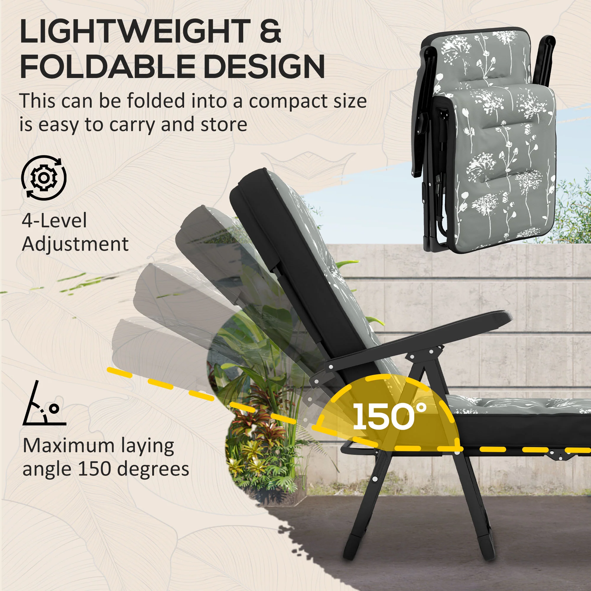 Outdoor Folding Reclining Lounge Chair with Padded Cushion Recline Back & Footrest, Grey - Image 7