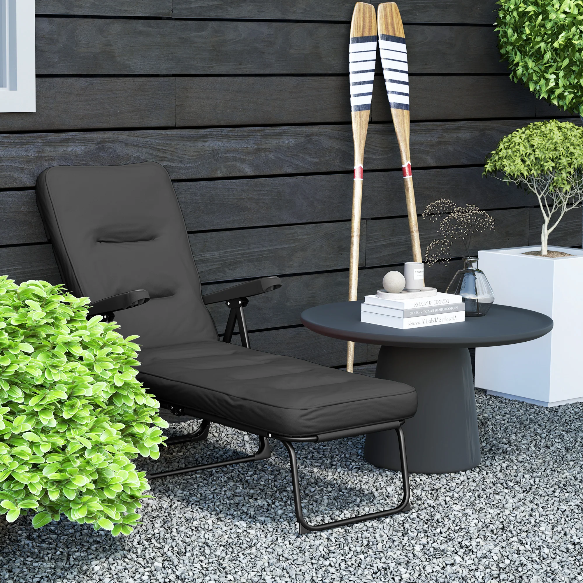 Outdoor Folding Reclining Lounge Chair with Padded Cushion Recline Back & Footrest, Black - Image 10
