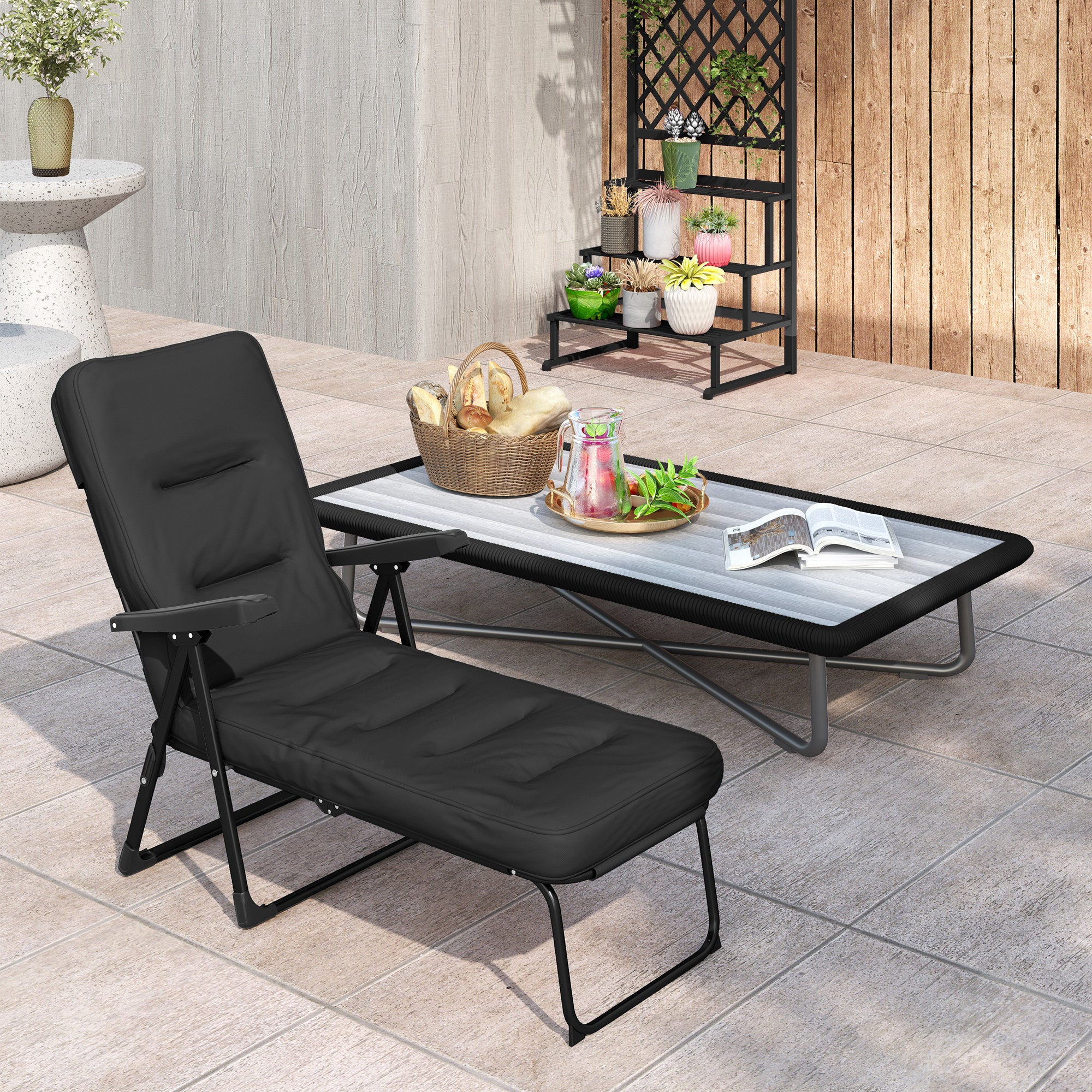 Outdoor Folding Reclining Lounge Chair with Padded Cushion Recline Back & Footrest, Black - Image 11