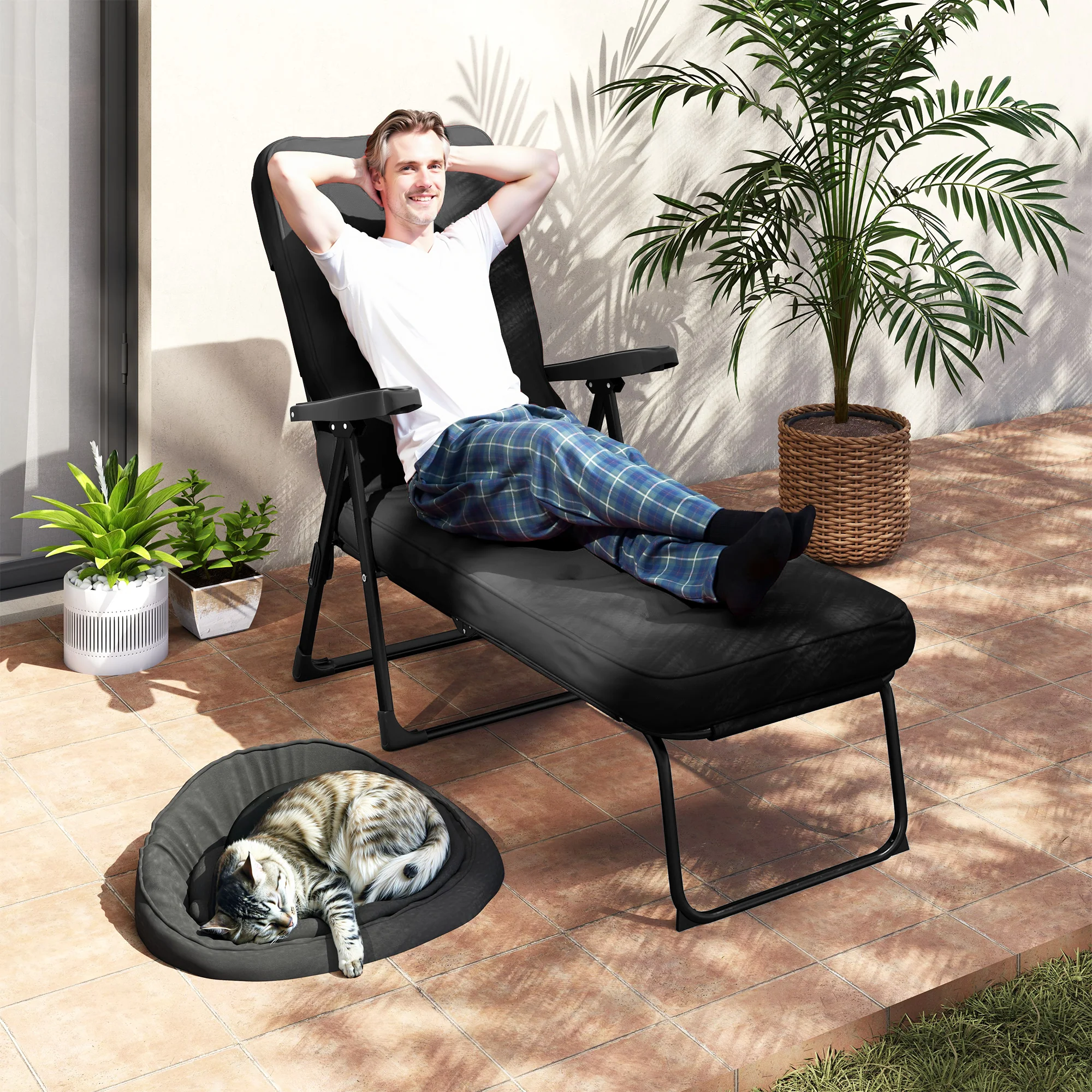 Outdoor Folding Reclining Lounge Chair with Padded Cushion Recline Back & Footrest, Black - Image 3