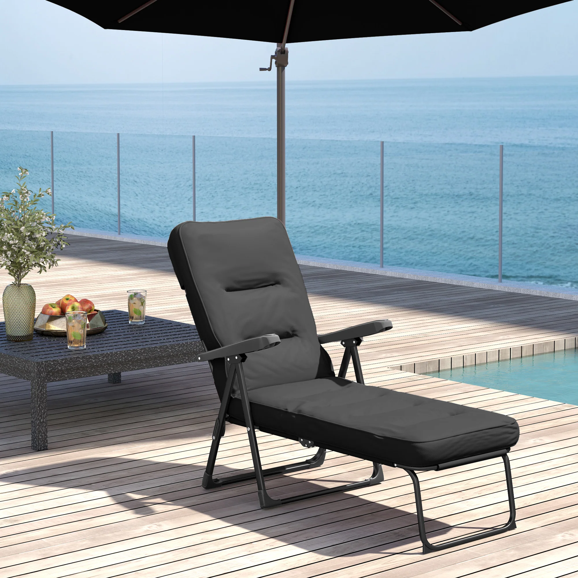 Outdoor Folding Reclining Lounge Chair with Padded Cushion Recline Back & Footrest, Black - Image 4
