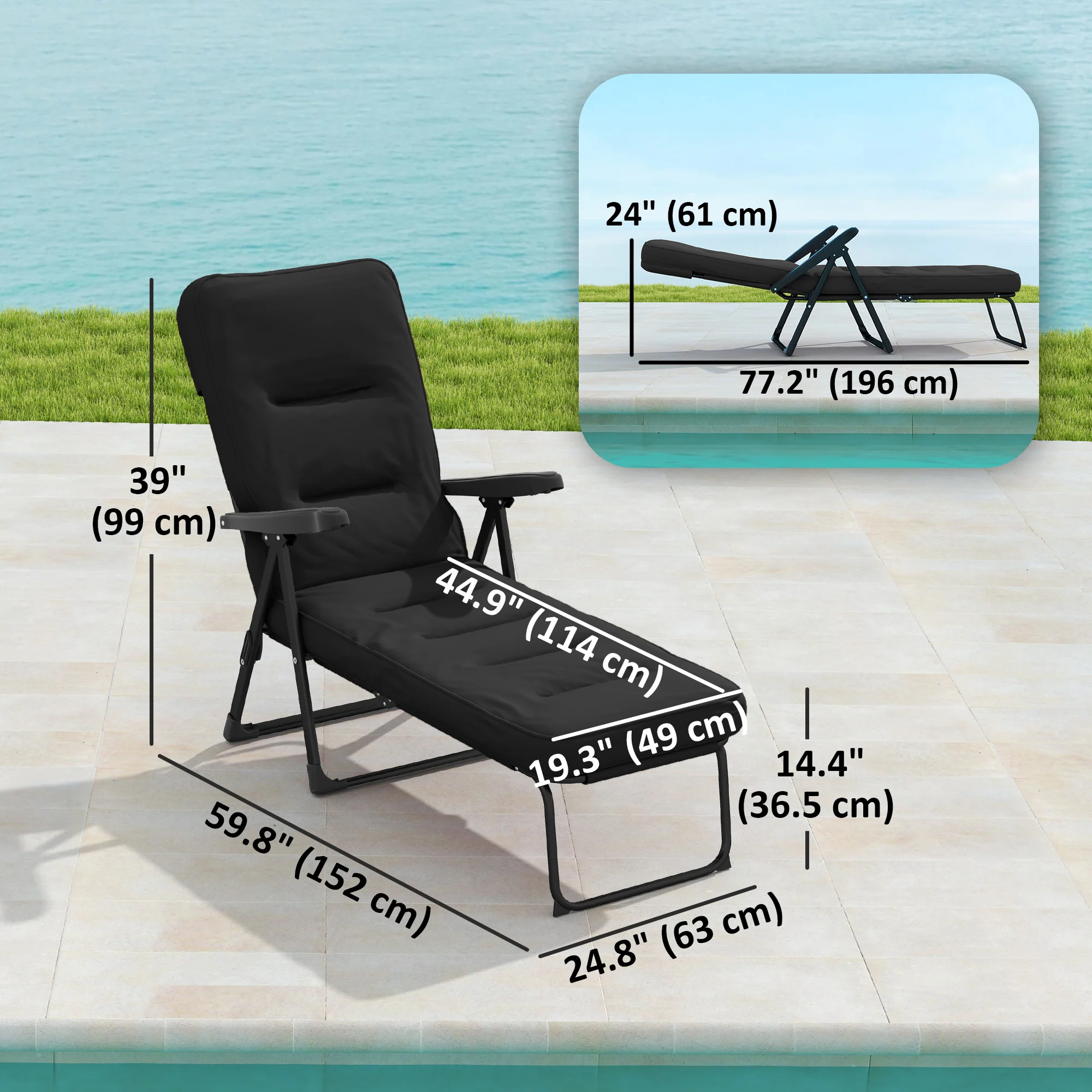 Outdoor Folding Reclining Lounge Chair with Padded Cushion Recline Back & Footrest, Black - Image 5