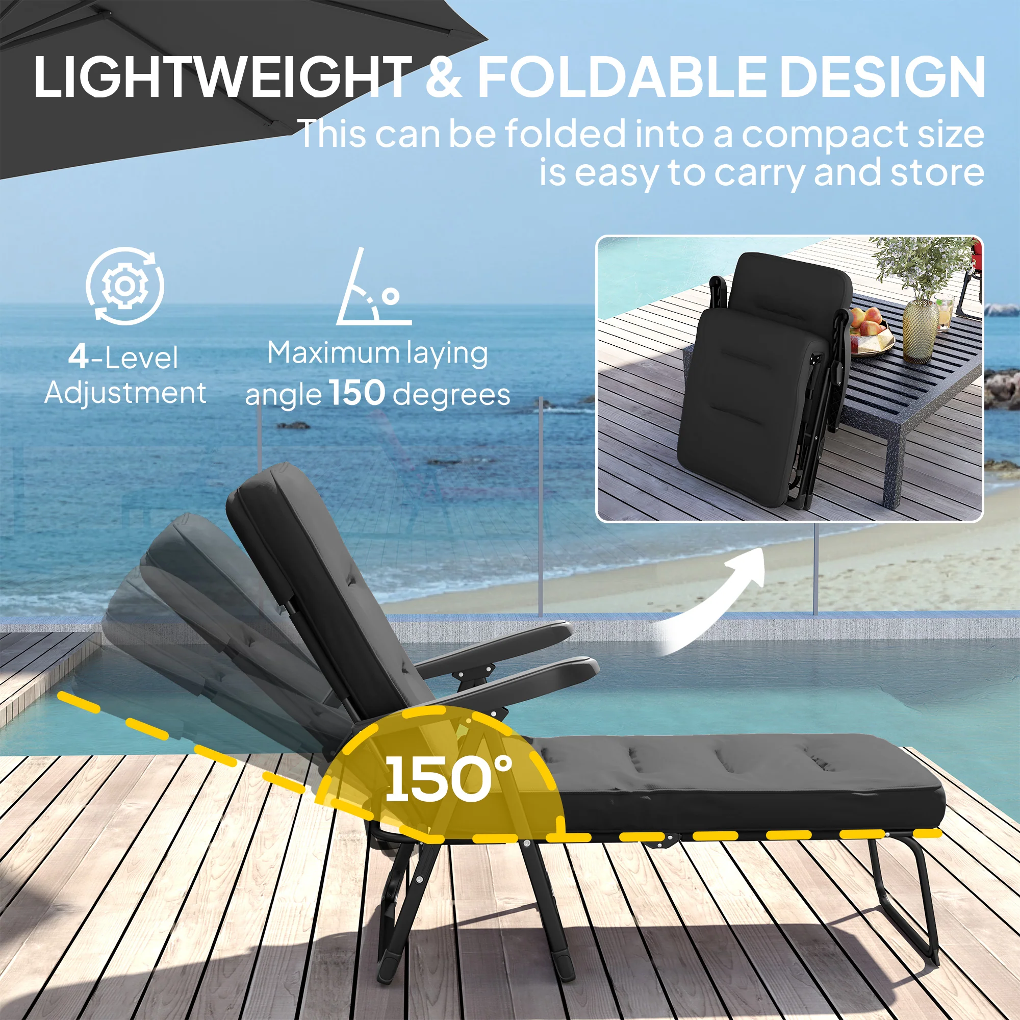 Outdoor Folding Reclining Lounge Chair with Padded Cushion Recline Back & Footrest, Black - Image 7
