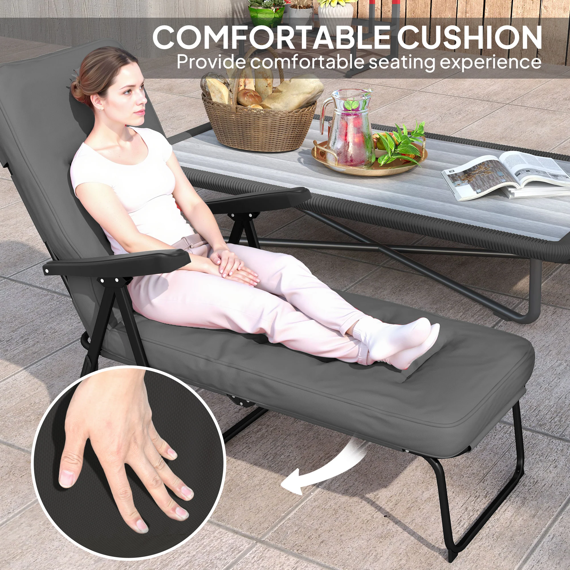 Outdoor Folding Reclining Lounge Chair with Padded Cushion Recline Back & Footrest, Black - Image 8