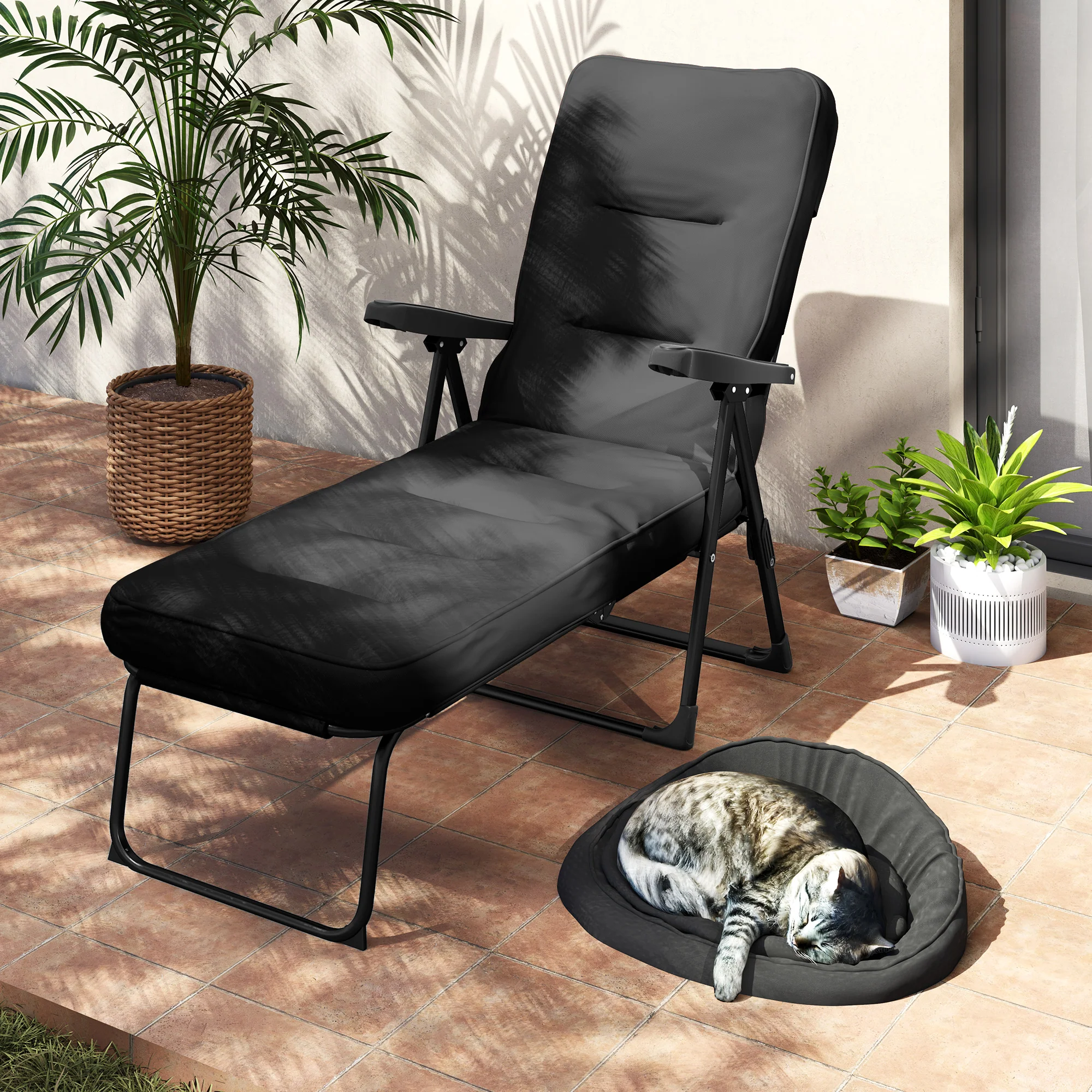 Outdoor Folding Reclining Lounge Chair with Padded Cushion Recline Back & Footrest, Black - Image 9