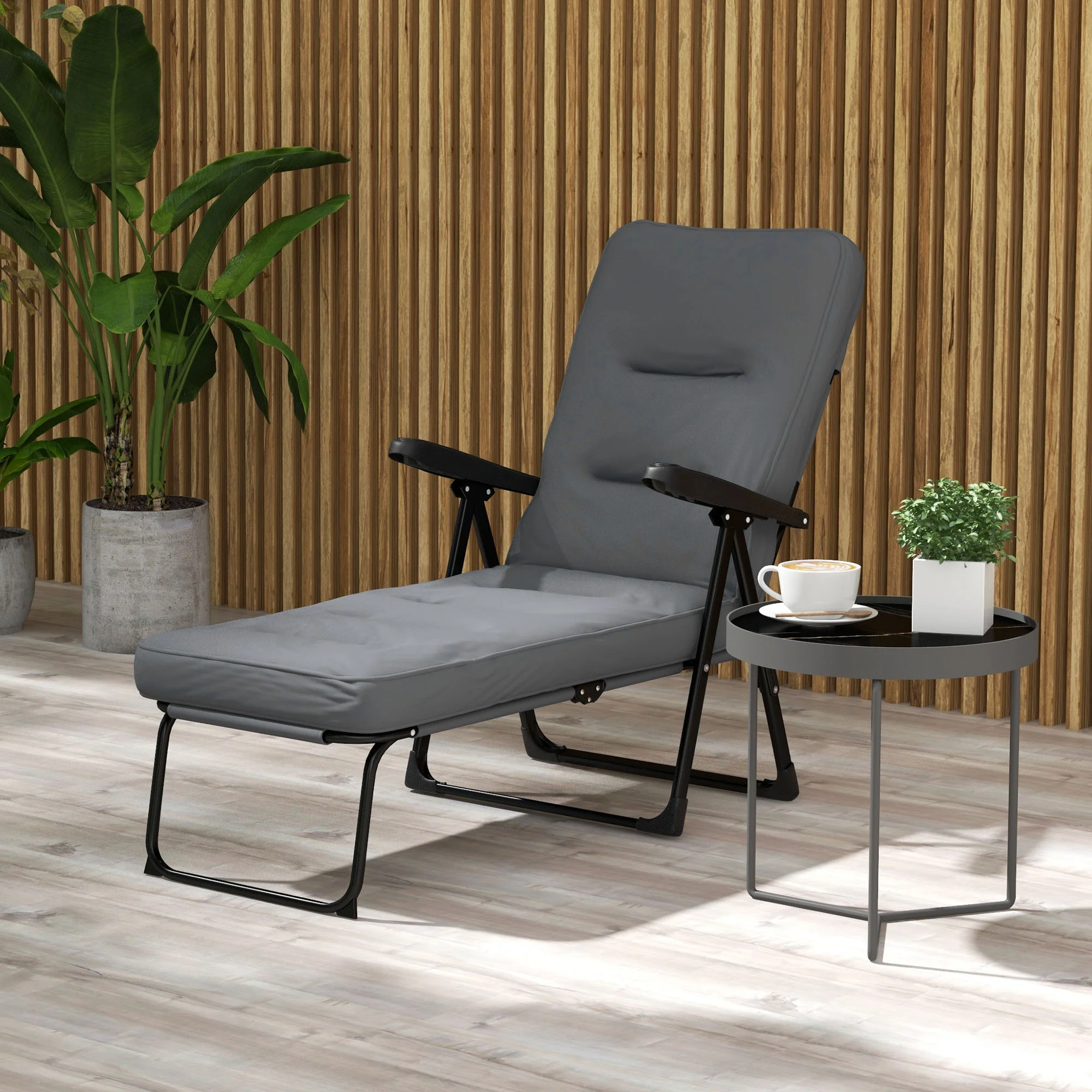 Outdoor Folding Reclining Lounge Chair with Padded Cushion Recline Back & Footrest, Light Grey - Image 3