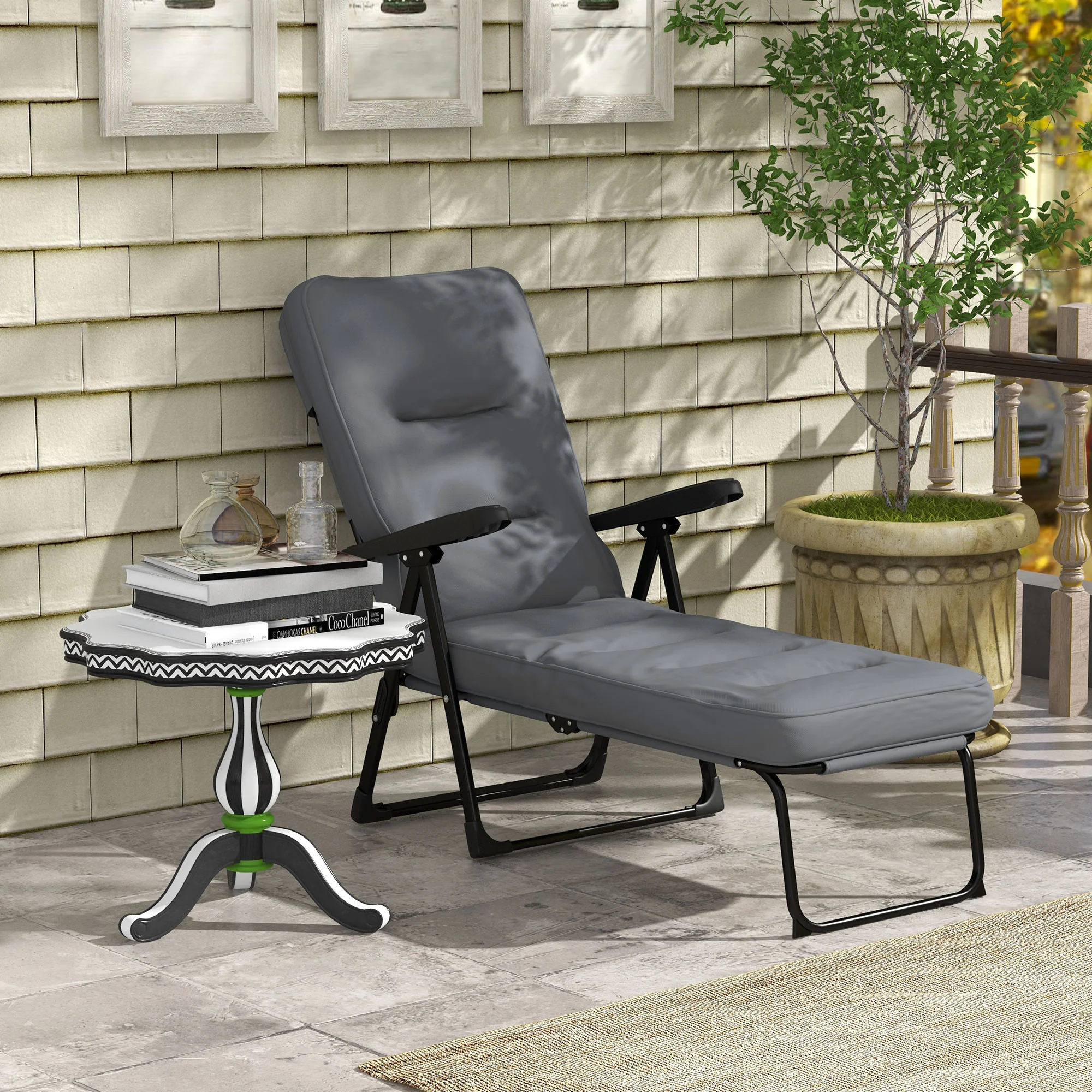 Outdoor Folding Reclining Lounge Chair with Padded Cushion Recline Back & Footrest, Light Grey - Image 4