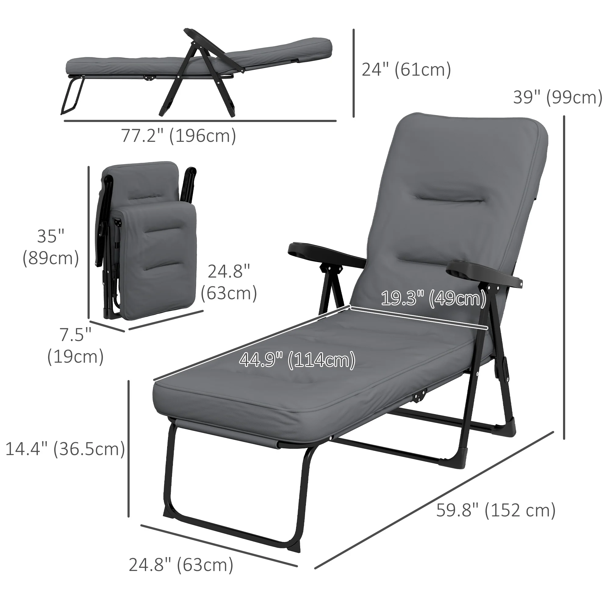 Outdoor Folding Reclining Lounge Chair with Padded Cushion Recline Back & Footrest, Light Grey - Image 5