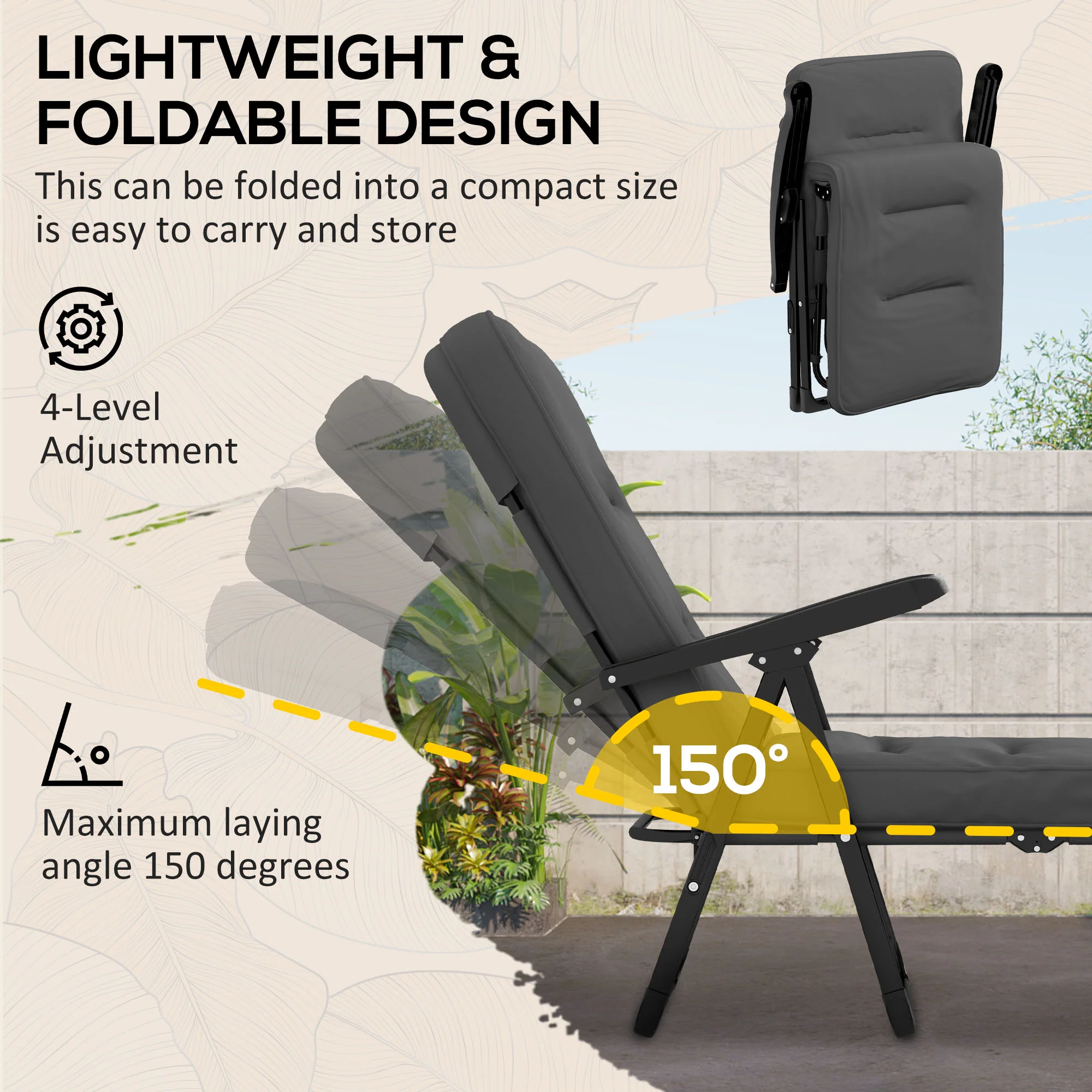 Outdoor Folding Reclining Lounge Chair with Padded Cushion Recline Back & Footrest, Light Grey - Image 7