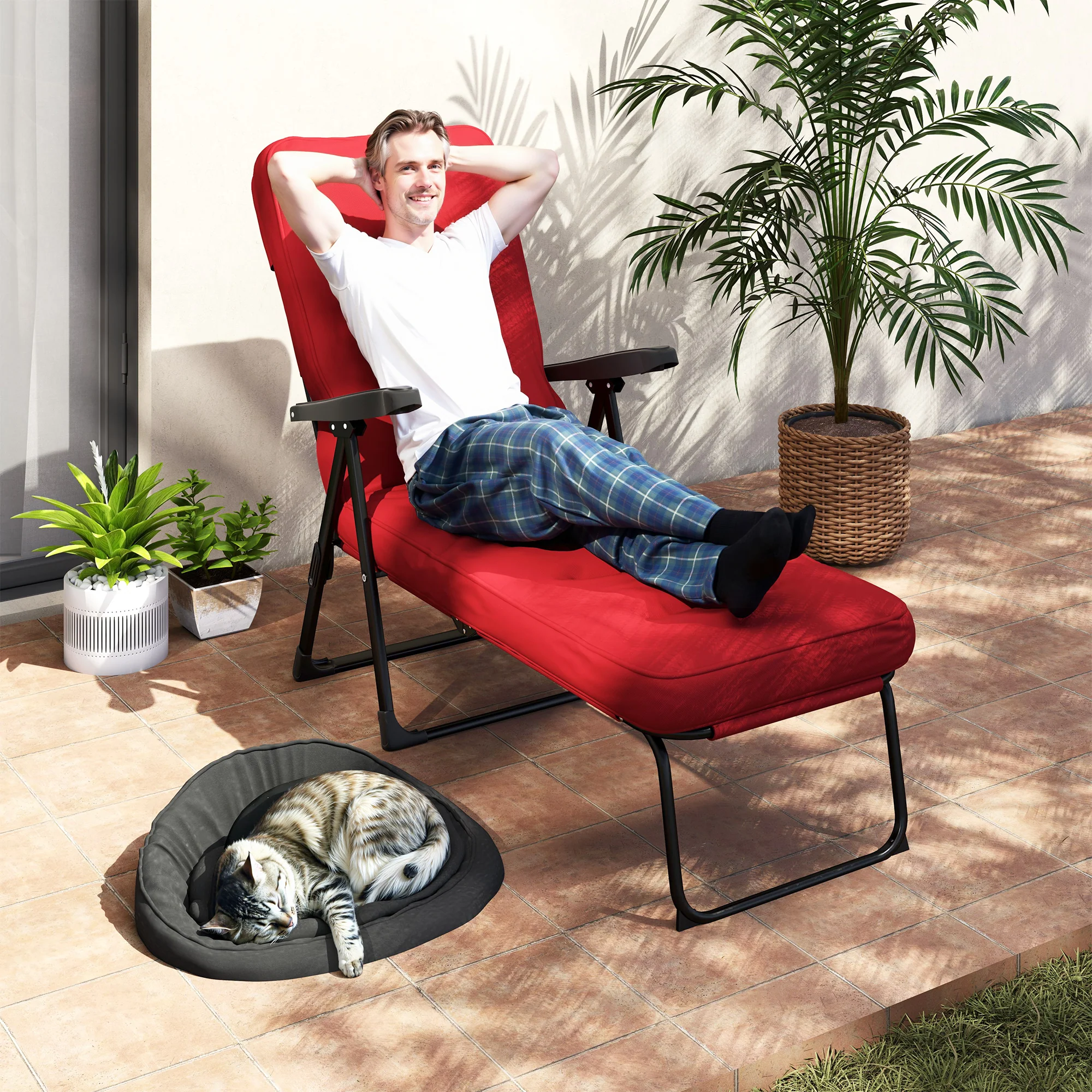 Outdoor Folding Reclining Lounge Chair with Padded Cushion Recline Back & Footrest, Wine Red - Image 3