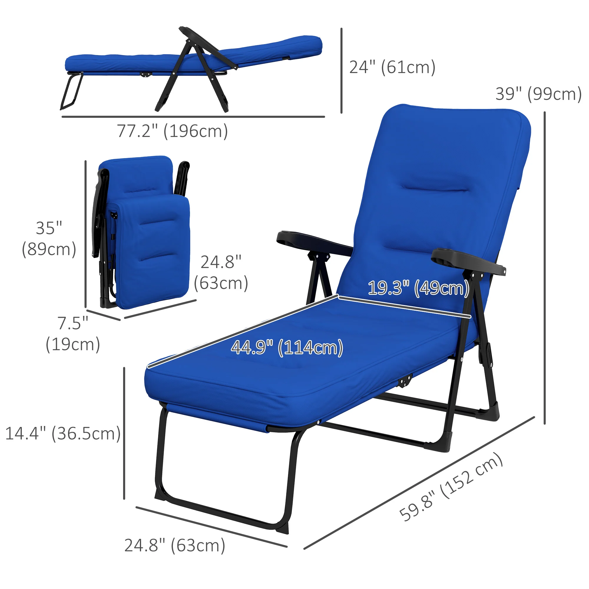 Outdoor Folding Reclining Lounge Chair with Padded Cushion Recline Back & Footrest, Blue - Image 5