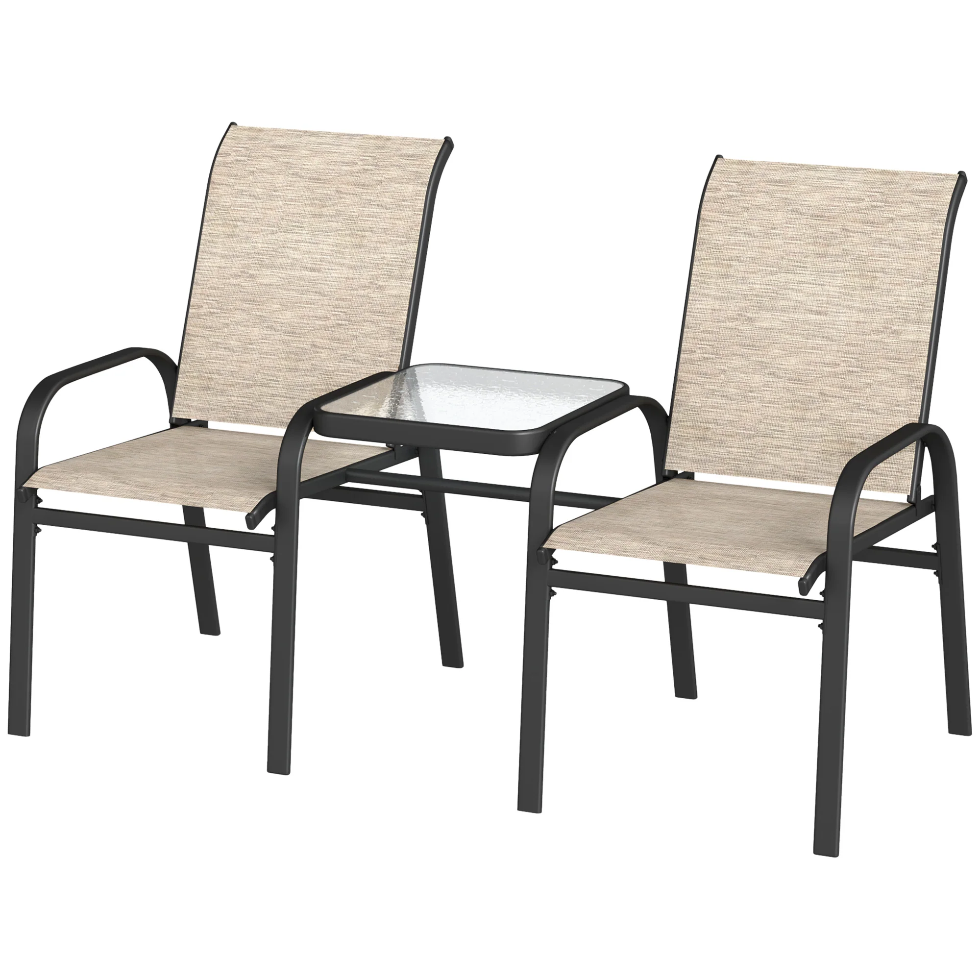 High Back Loveseat with Glass Table, Garden Patio Bench with Breathable Seat, Brown - Image 2