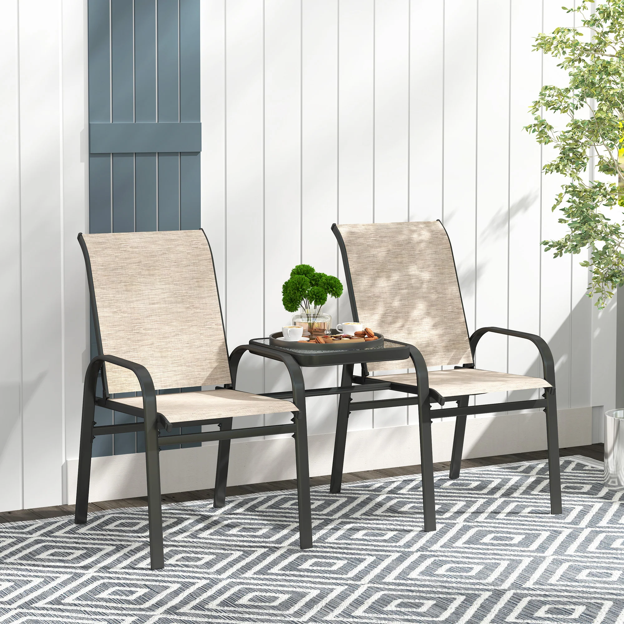 High Back Loveseat with Glass Table, Garden Patio Bench with Breathable Seat, Brown - Image 3