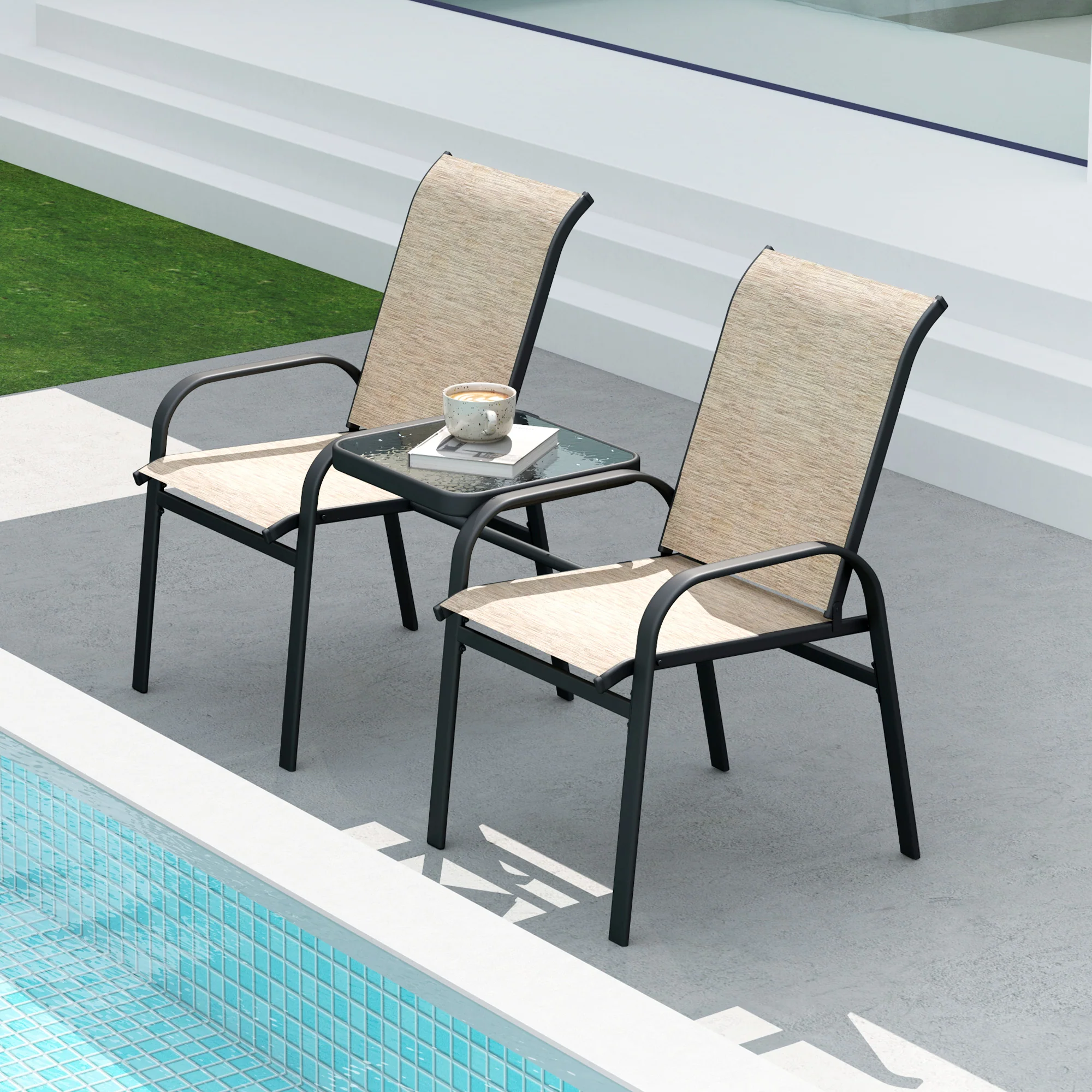 High Back Loveseat with Glass Table, Garden Patio Bench with Breathable Seat, Brown - Image 4