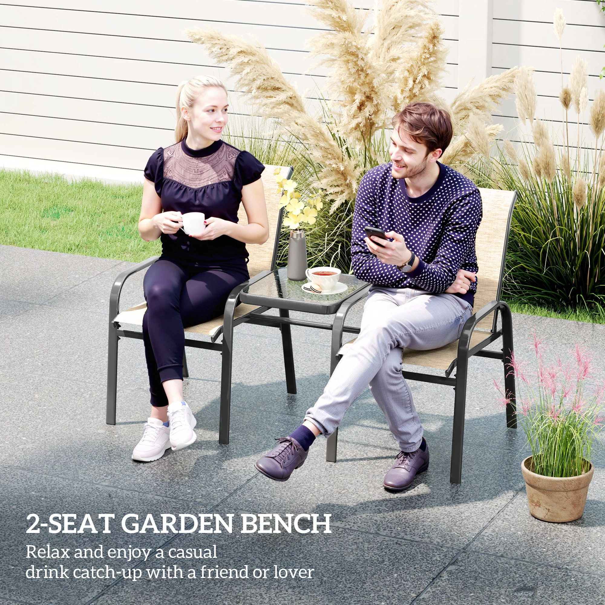 High Back Loveseat with Glass Table, Garden Patio Bench with Breathable Seat, Brown - Image 6