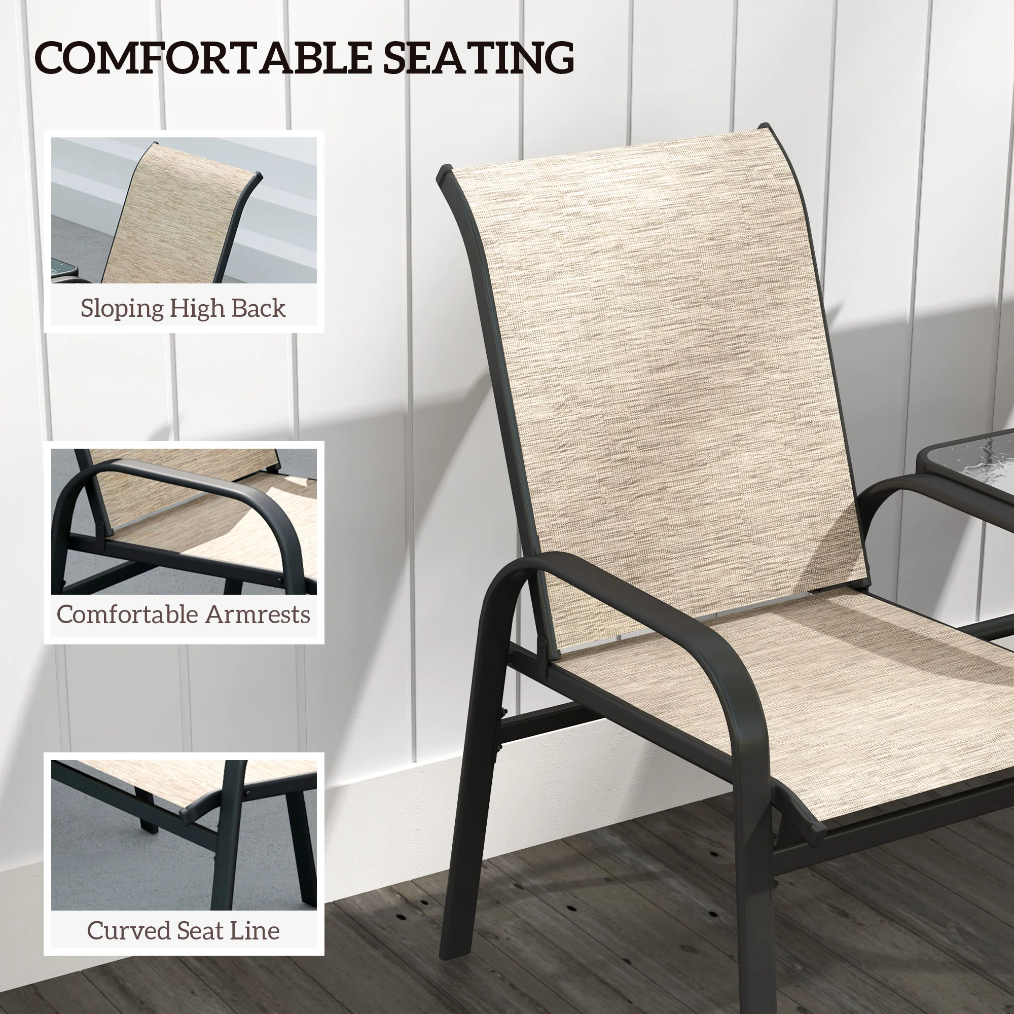 High Back Loveseat with Glass Table, Garden Patio Bench with Breathable Seat, Brown - Image 9