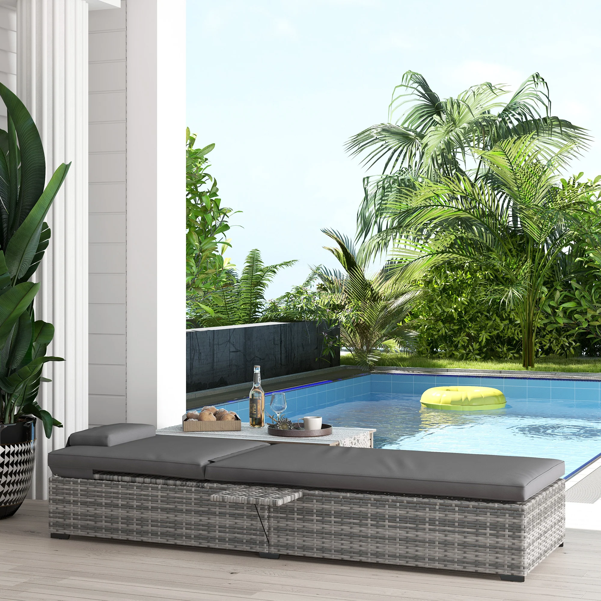 Patio Rattan Sun Lounger, 5-Level Adjustable Recliner Sunbed with Cushion & Tea Tray, Grey - Image 4