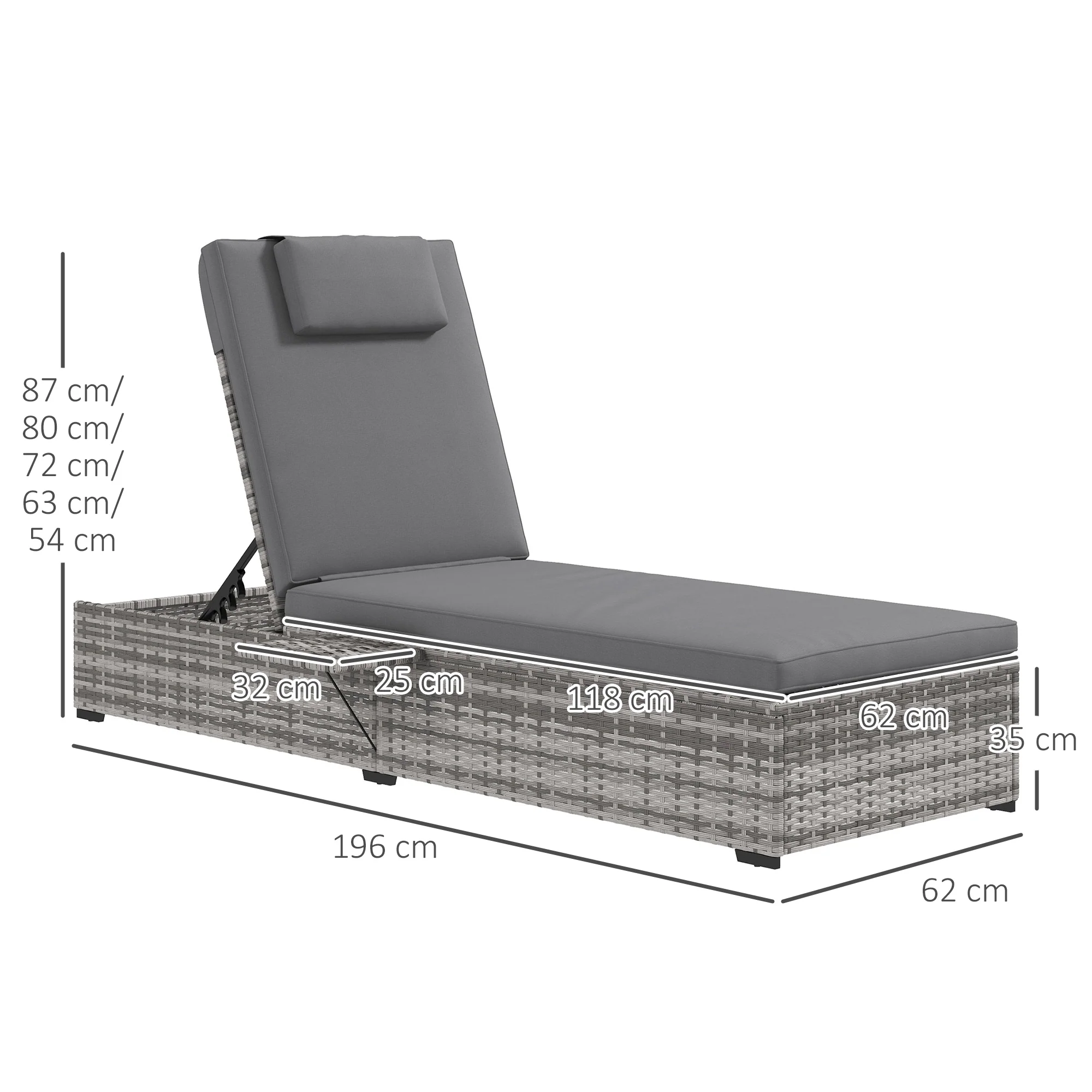 Patio Rattan Sun Lounger, 5-Level Adjustable Recliner Sunbed with Cushion & Tea Tray, Grey - Image 5