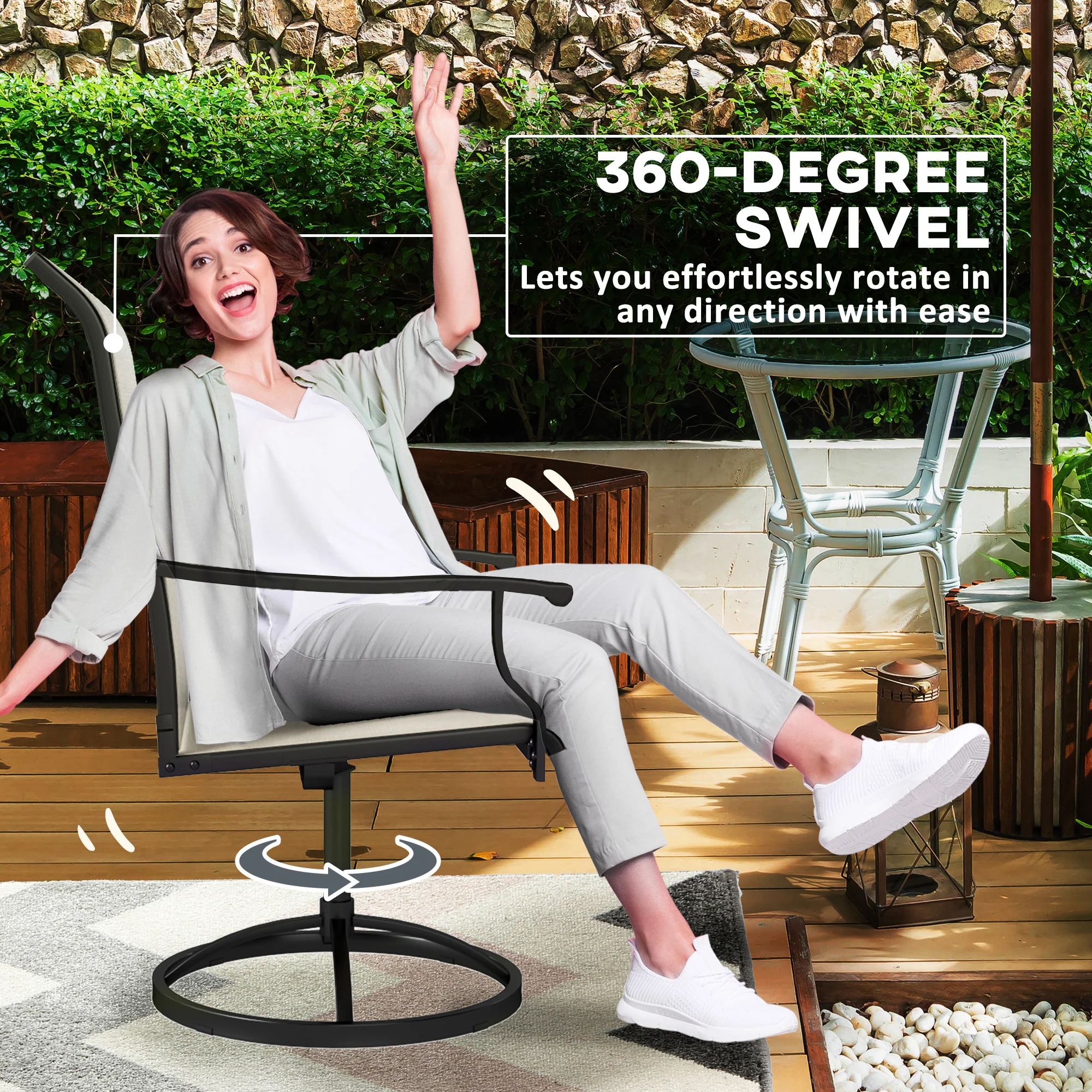 2-Piece Outdoor Patio Swivel Chairs, Beige - Image 6