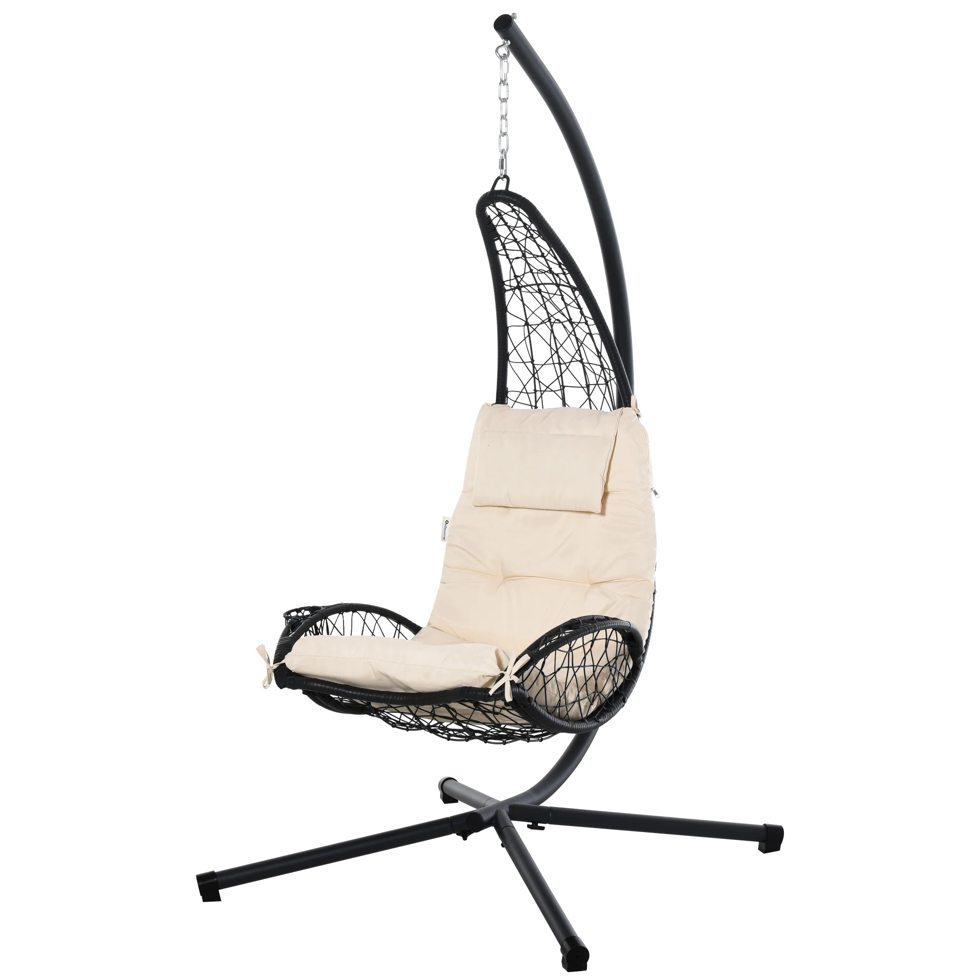 Outdoor Patio Wicker Hanging Egg Chair w/ Stand, Hammock Swing Chair w/ Cup Holder, Beige - Image 2