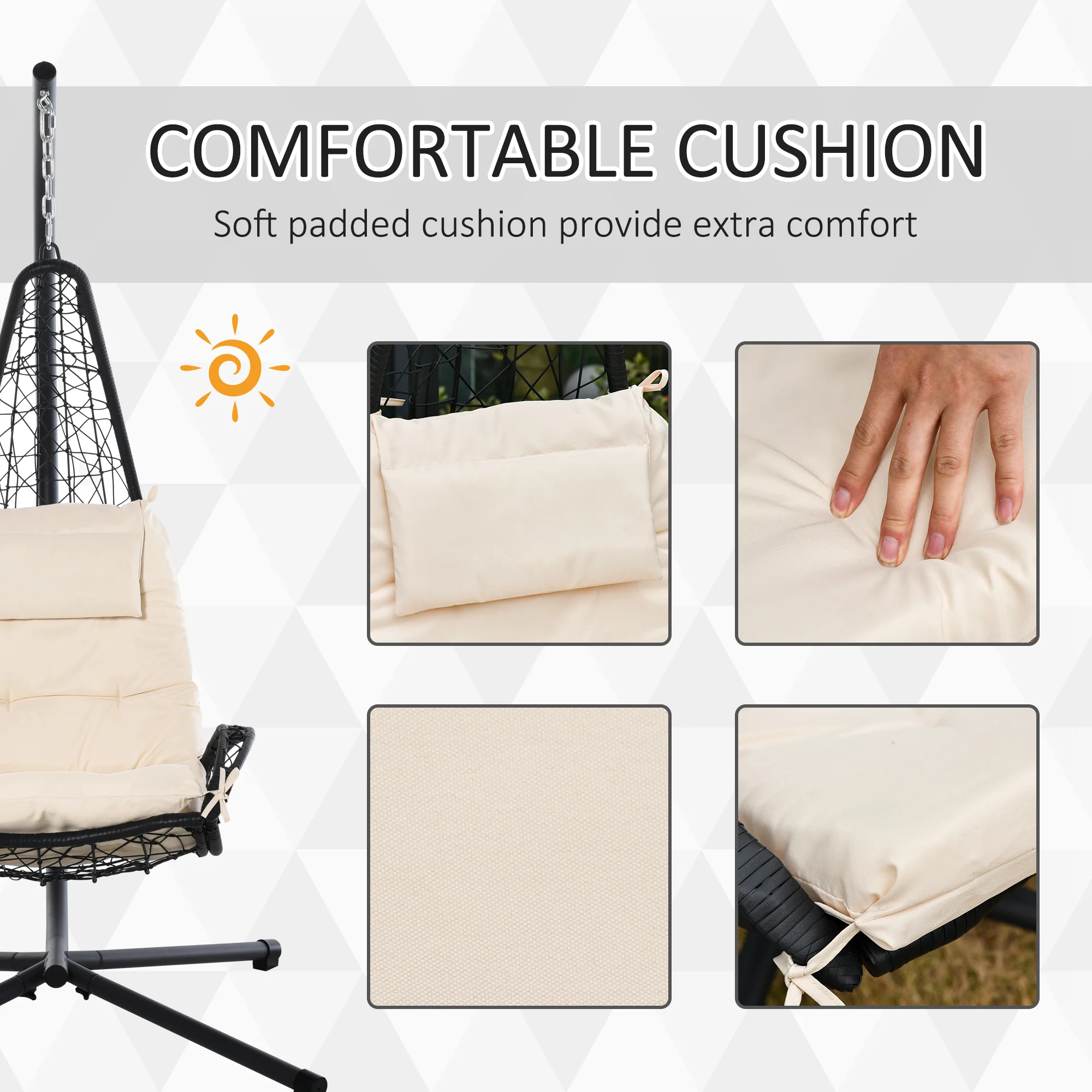 Outdoor Patio Wicker Hanging Egg Chair w/ Stand, Hammock Swing Chair w/ Cup Holder, Beige - Image 8