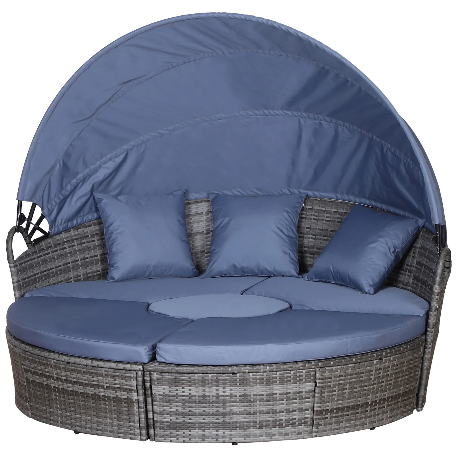 Round PE Rattan Daybed Set with Retractable Canopy, Table & Pillows, Grey/Blue Grey