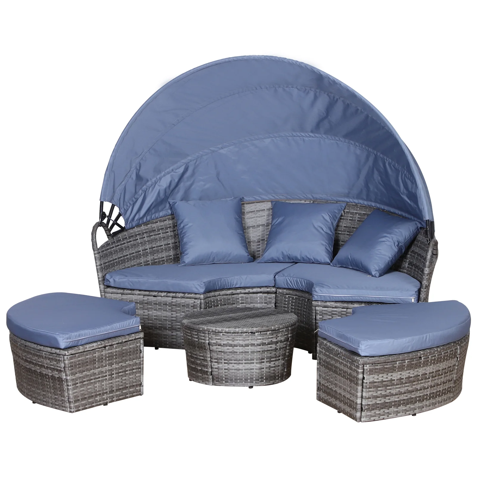 Round PE Rattan Daybed Set with Retractable Canopy, Table & Pillows, Grey/Blue Grey - Image 2