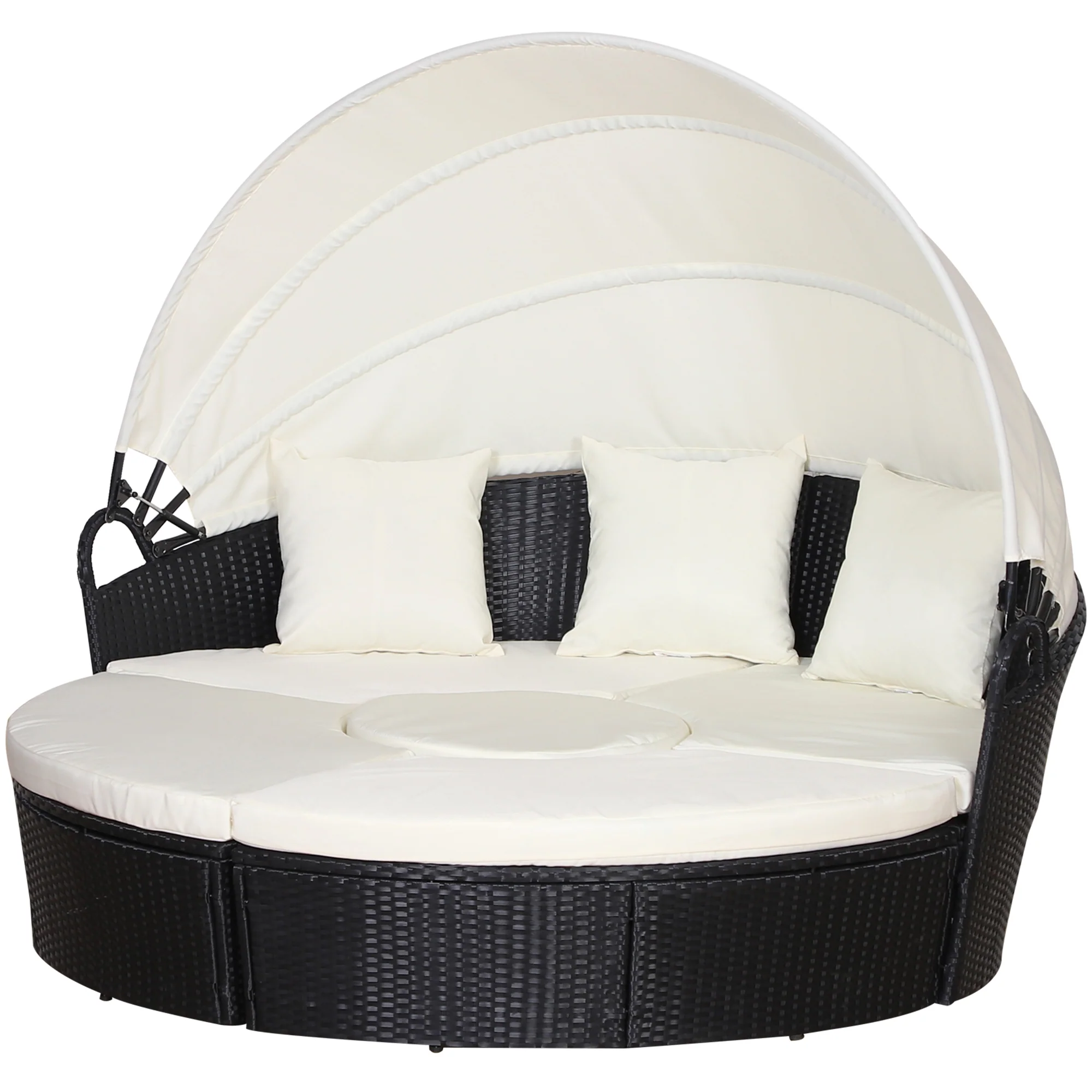 Round PE Rattan Daybed Set with Retractable Canopy, Table & Pillows, Black/Beige - Image 12