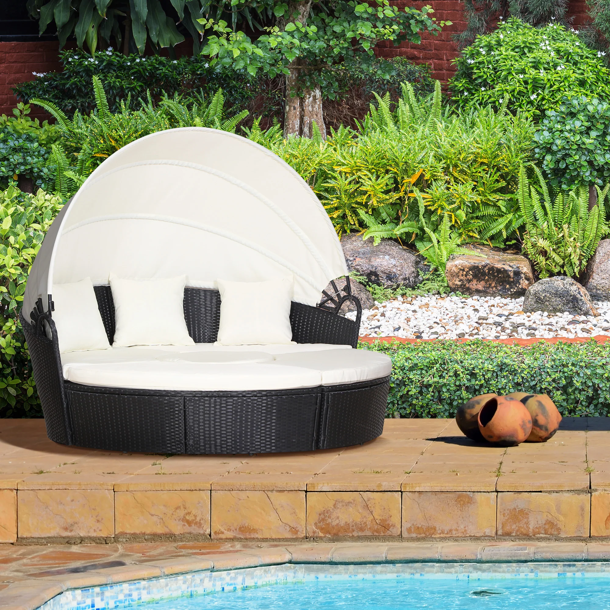 Round PE Rattan Daybed Set with Retractable Canopy, Table & Pillows, Black/Beige - Image 4