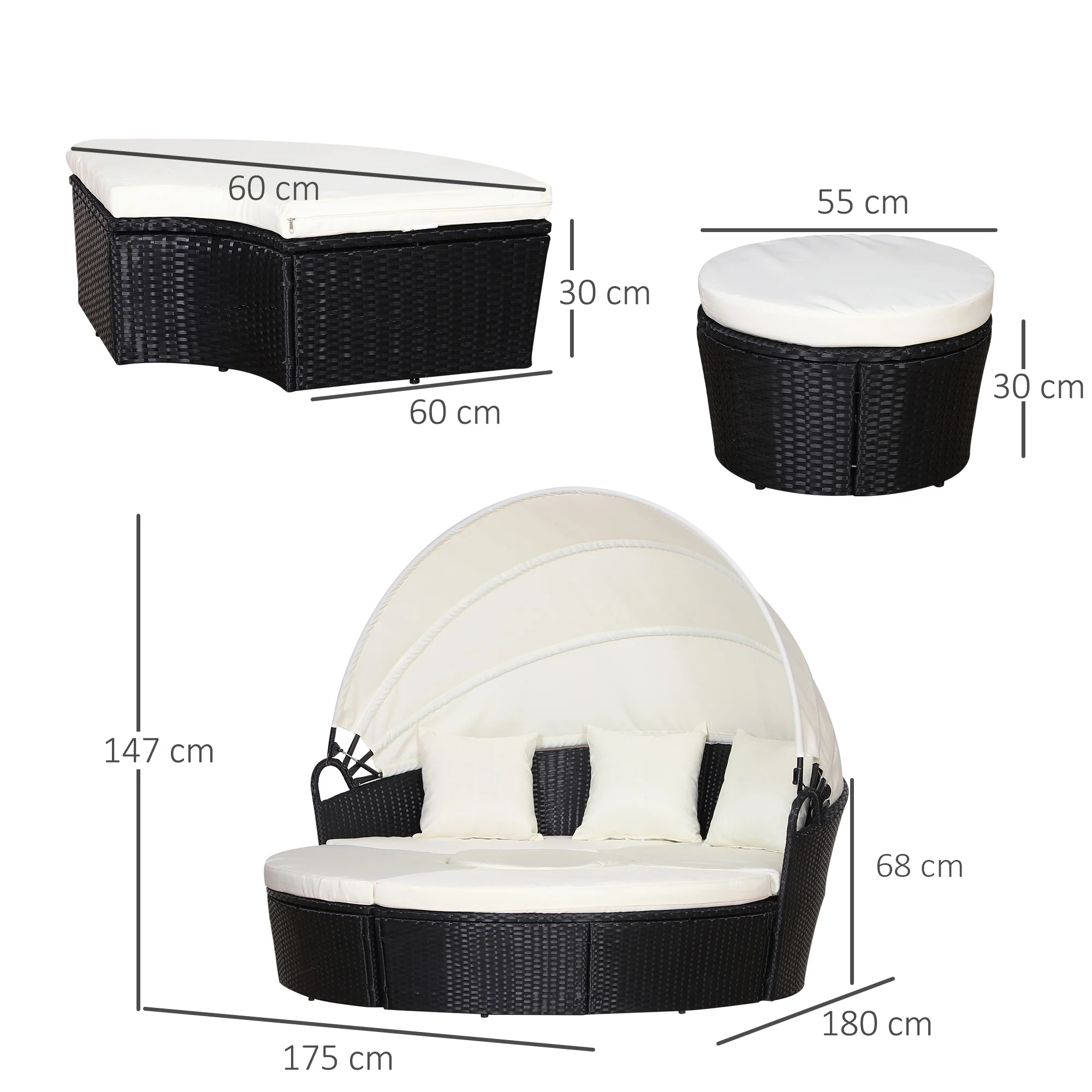 Round PE Rattan Daybed Set with Retractable Canopy, Table & Pillows, Black/Beige - Image 5