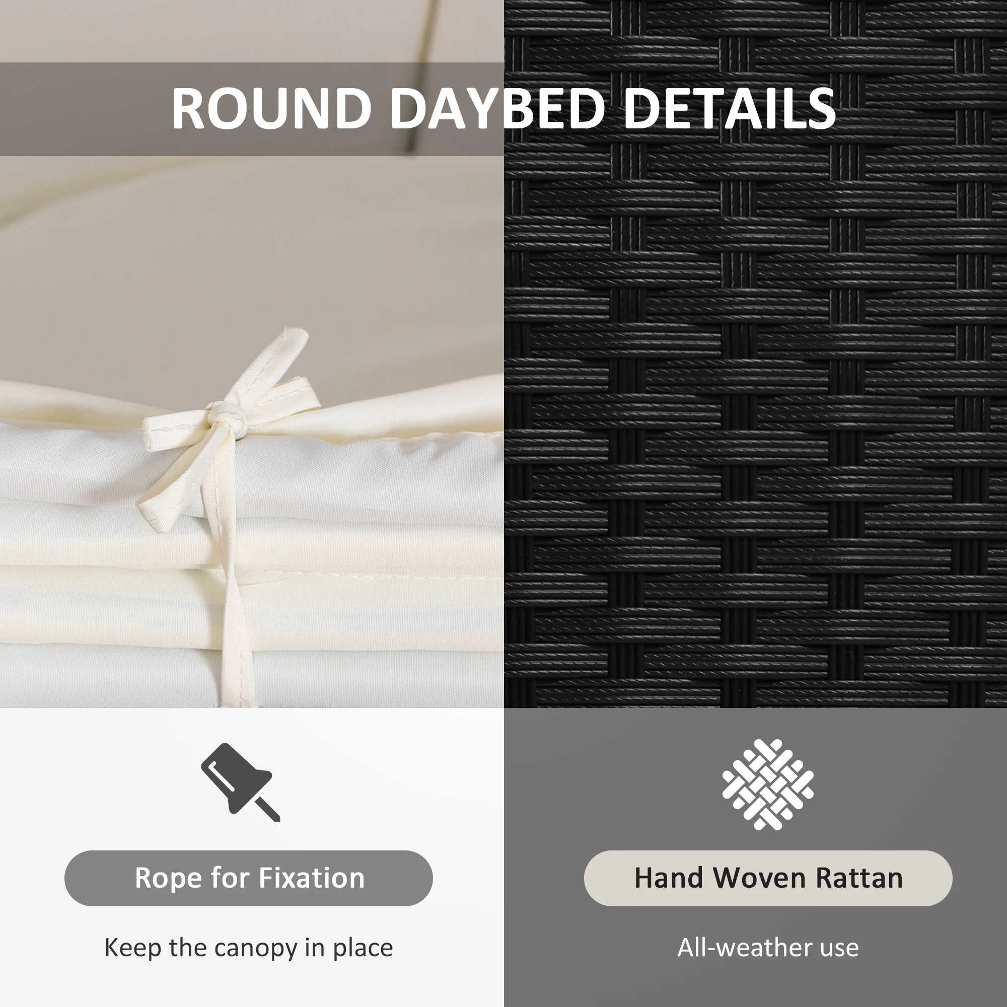 Round PE Rattan Daybed Set with Retractable Canopy, Table & Pillows, Black/Beige - Image 6