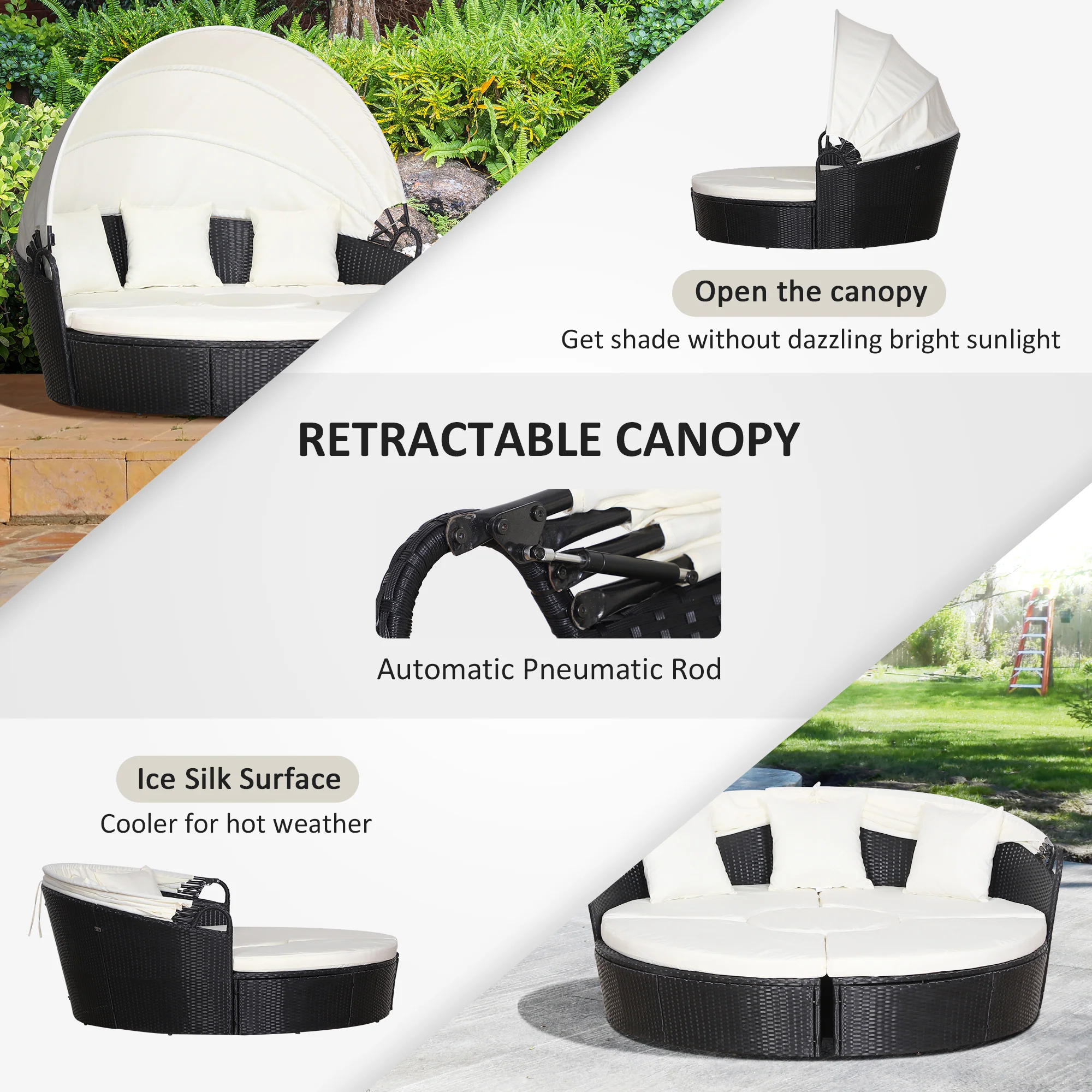 Round PE Rattan Daybed Set with Retractable Canopy, Table & Pillows, Black/Beige - Image 7