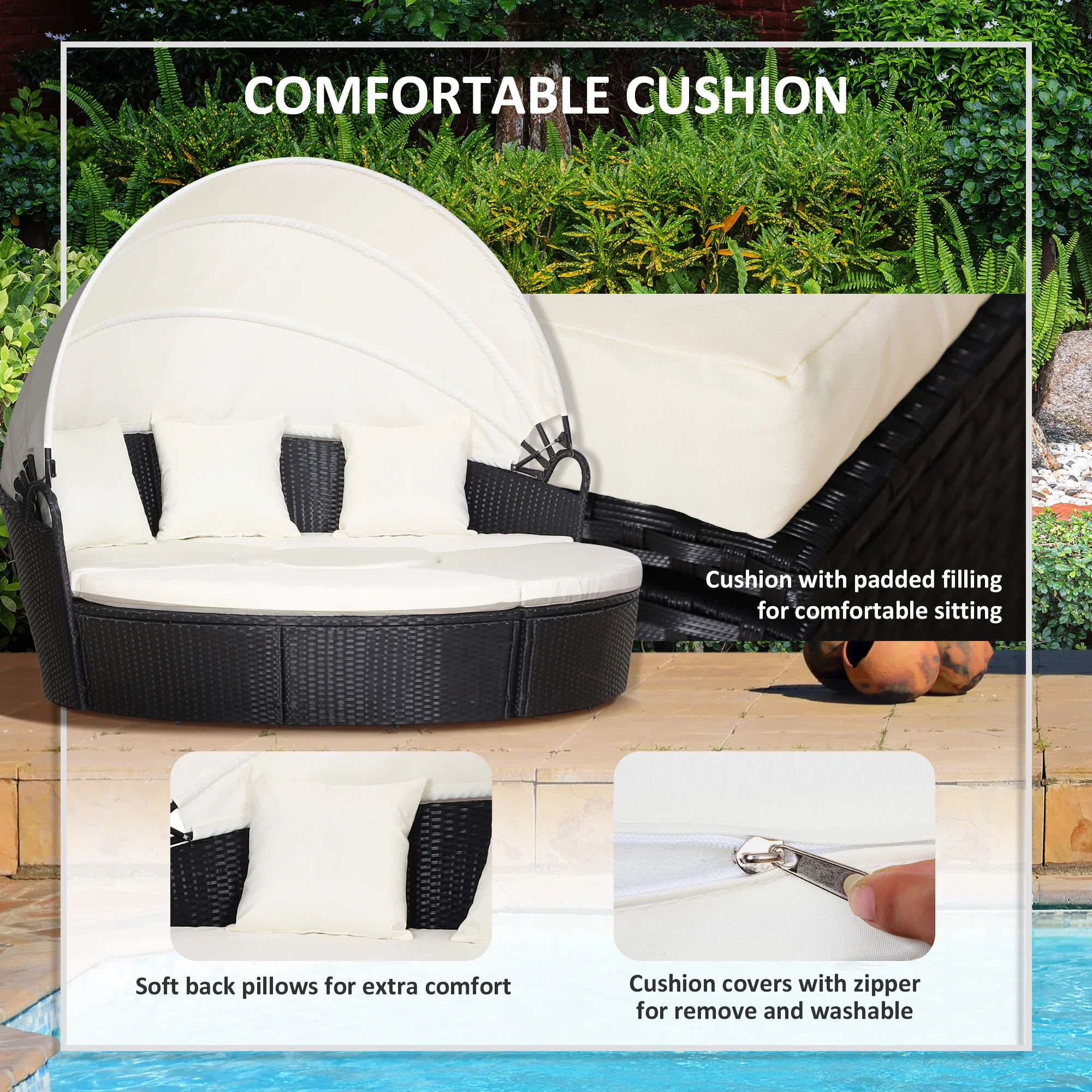 Round PE Rattan Daybed Set with Retractable Canopy, Table & Pillows, Black/Beige - Image 8