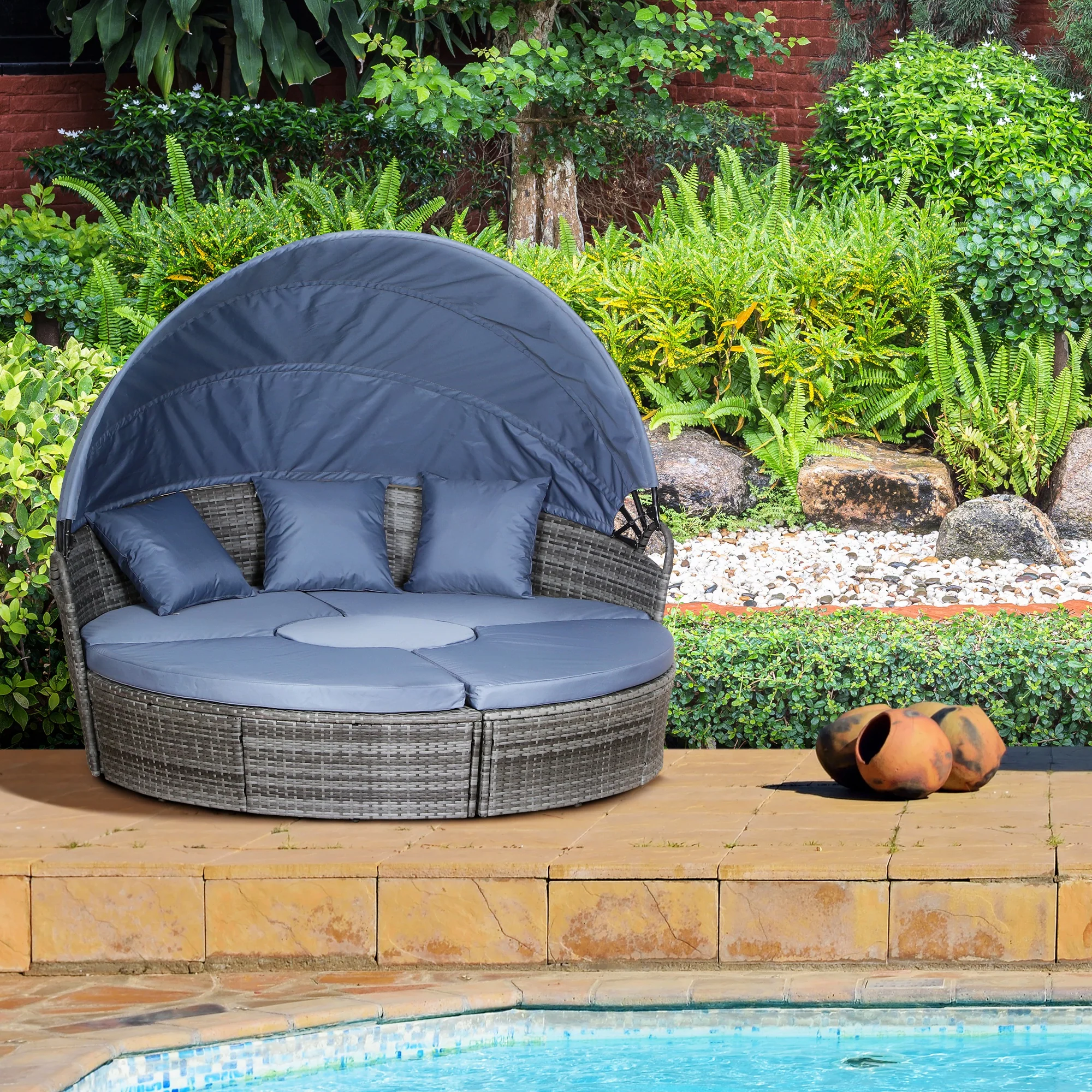 Round PE Rattan Daybed Set with Retractable Canopy, Table & Pillows, Grey/Blue Grey - Image 3