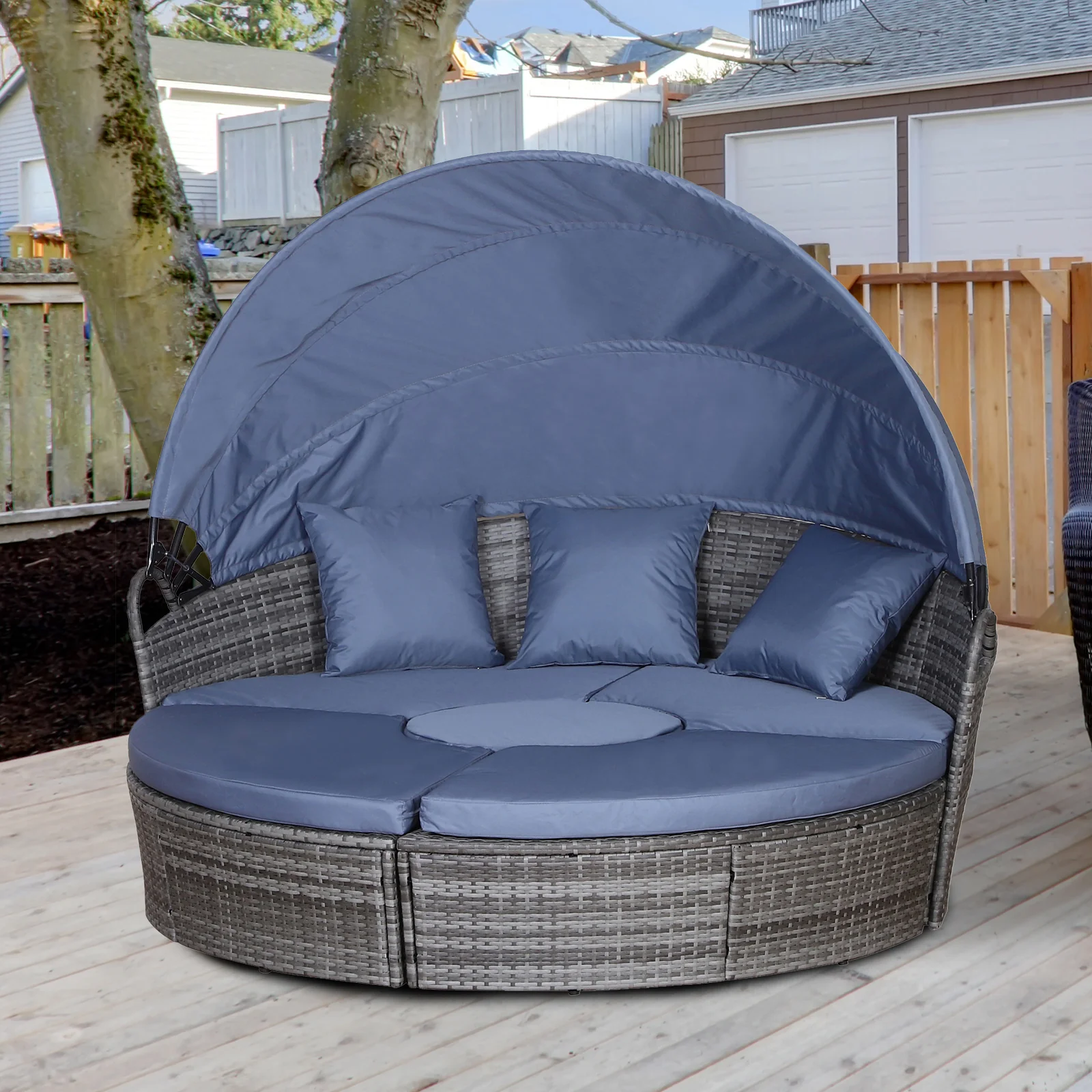 Round PE Rattan Daybed Set with Retractable Canopy, Table & Pillows, Grey/Blue Grey - Image 4