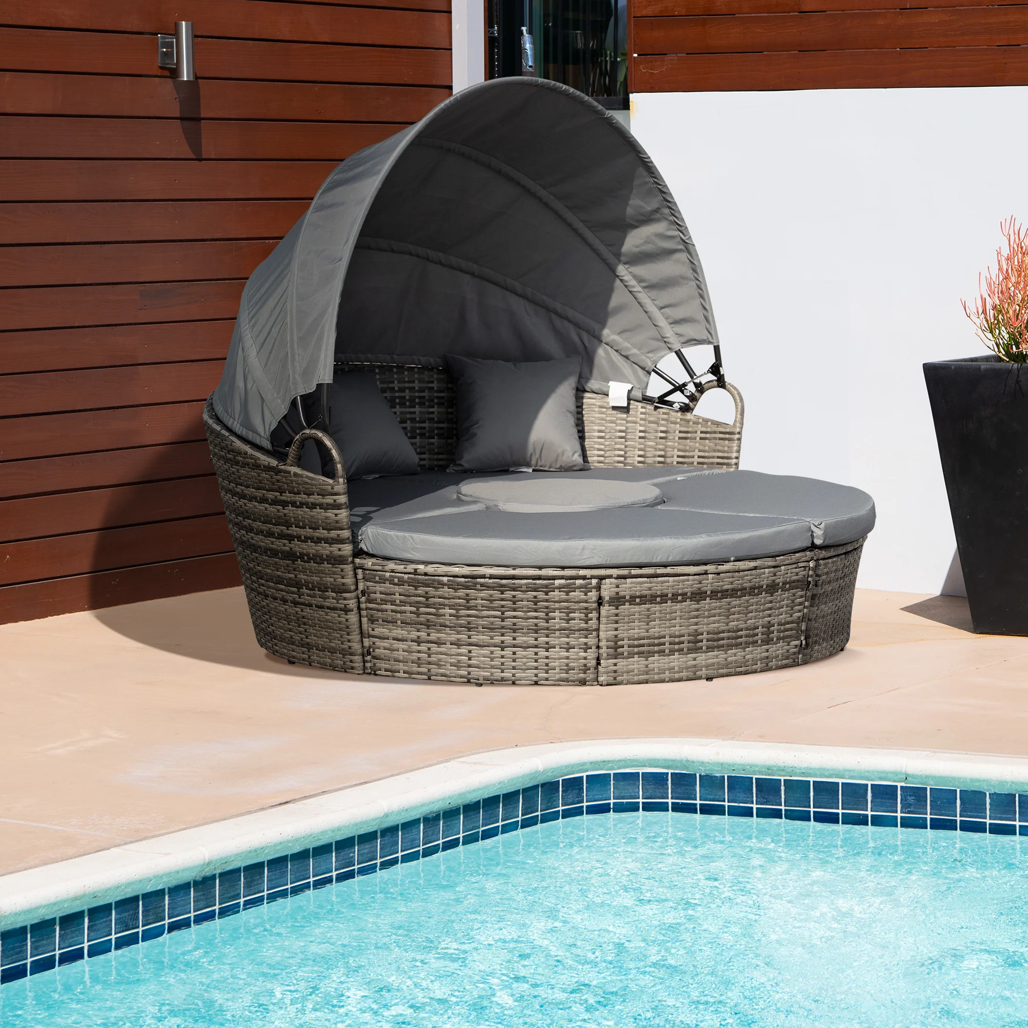 Round PE Rattan Daybed Set with Retractable Canopy, Table & Pillows, Dark Grey/Grey - Image 3