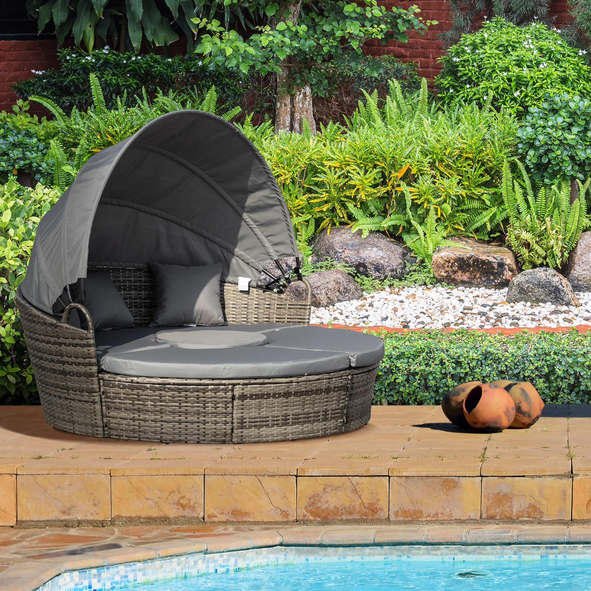 Round PE Rattan Daybed Set with Retractable Canopy, Table & Pillows, Dark Grey/Grey - Image 4