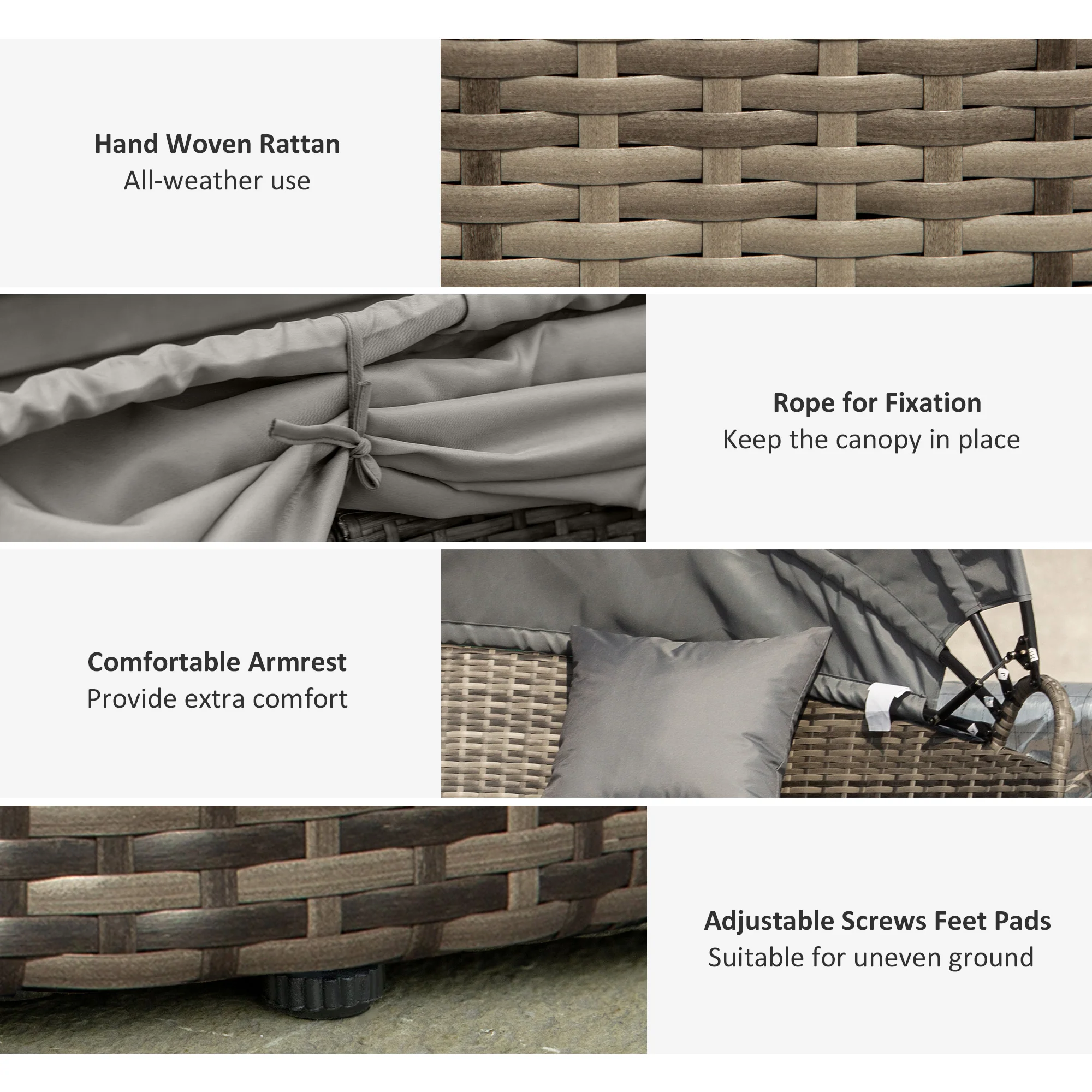 Round PE Rattan Daybed Set with Retractable Canopy, Table & Pillows, Dark Grey/Grey - Image 6