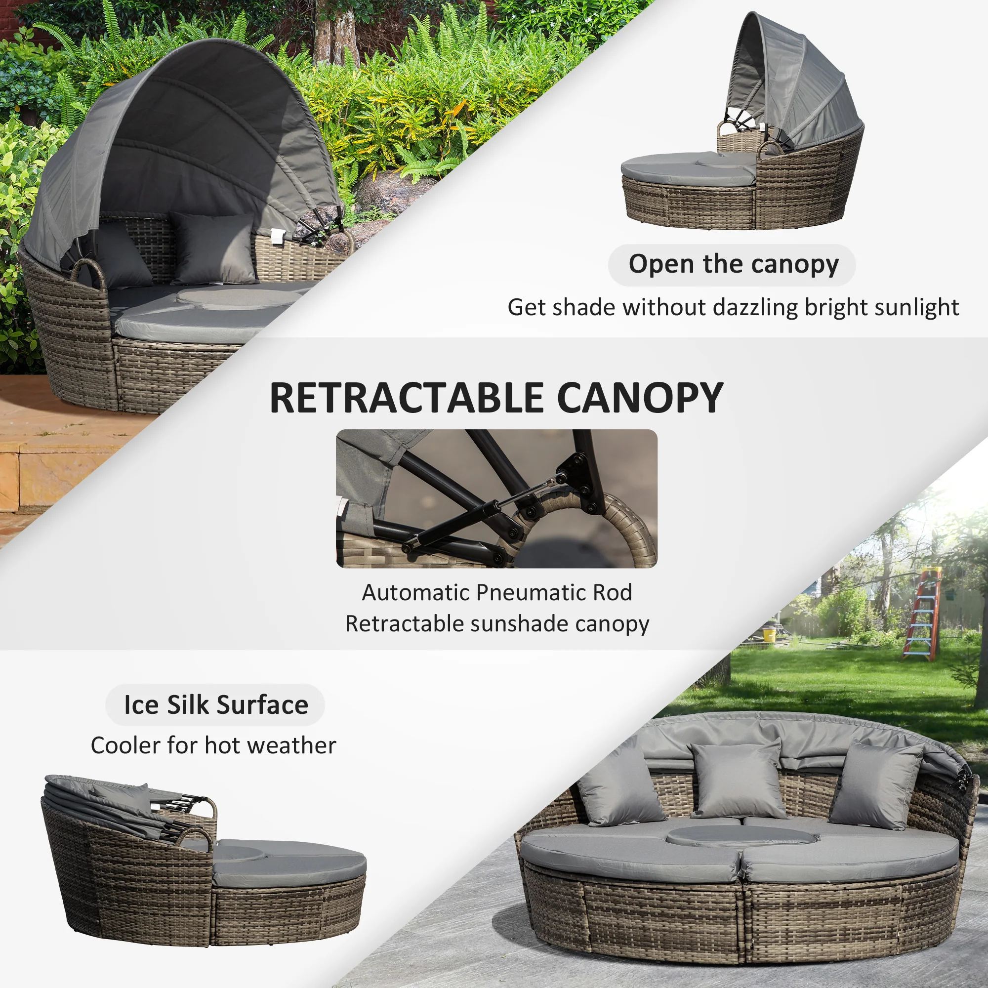 Round PE Rattan Daybed Set with Retractable Canopy, Table & Pillows, Dark Grey/Grey - Image 7