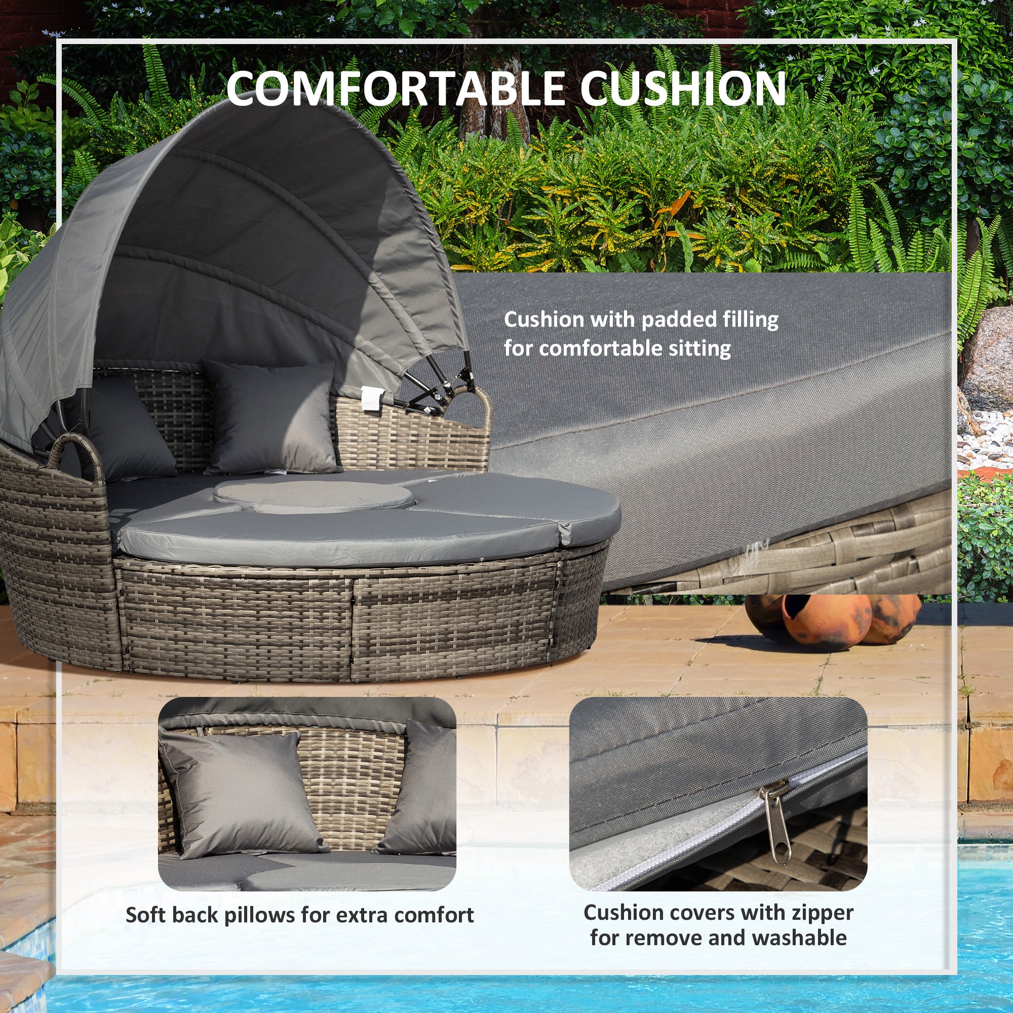 Round PE Rattan Daybed Set with Retractable Canopy, Table & Pillows, Dark Grey/Grey - Image 8