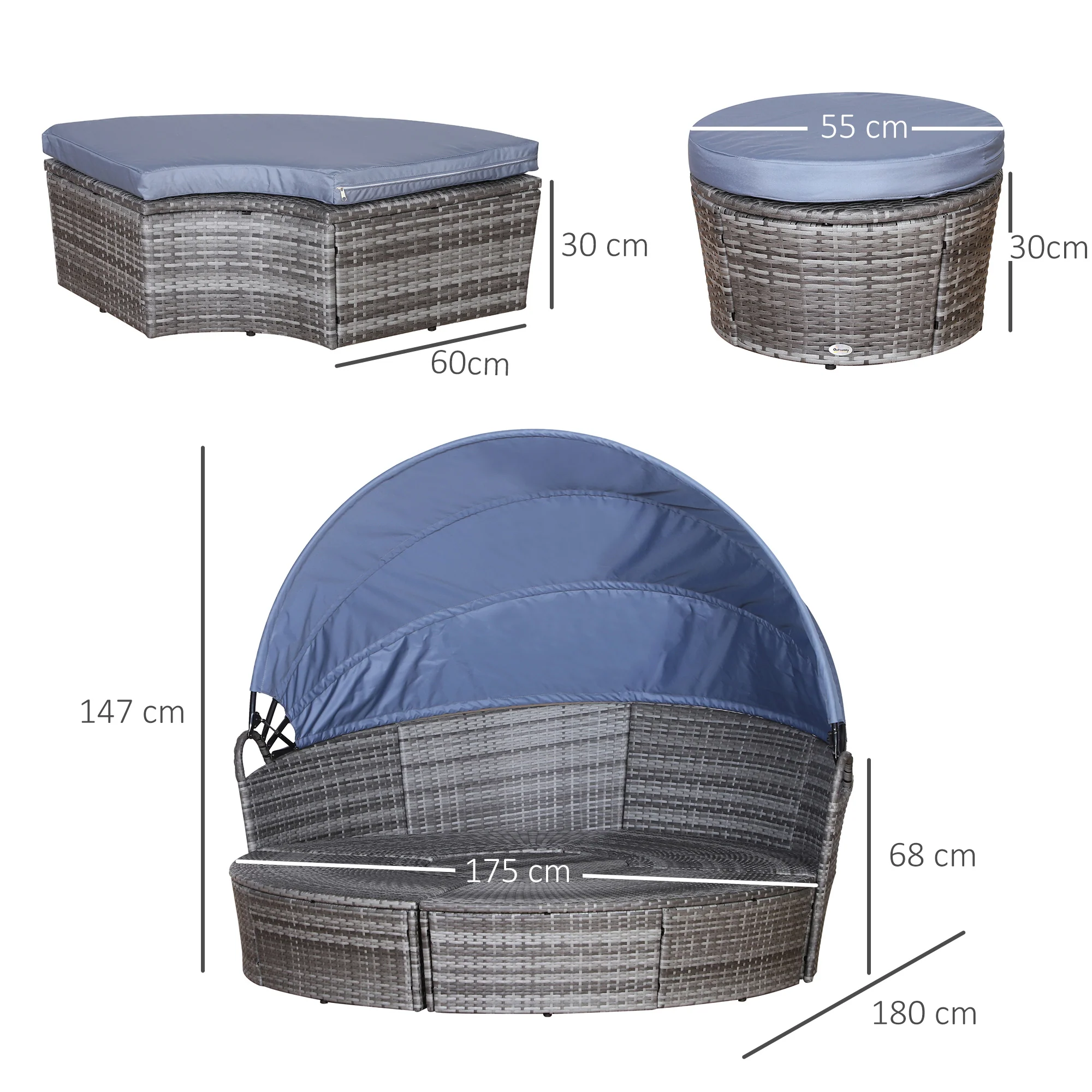Round PE Rattan Daybed Set with Retractable Canopy, Table & Pillows, Grey/Blue Grey - Image 5